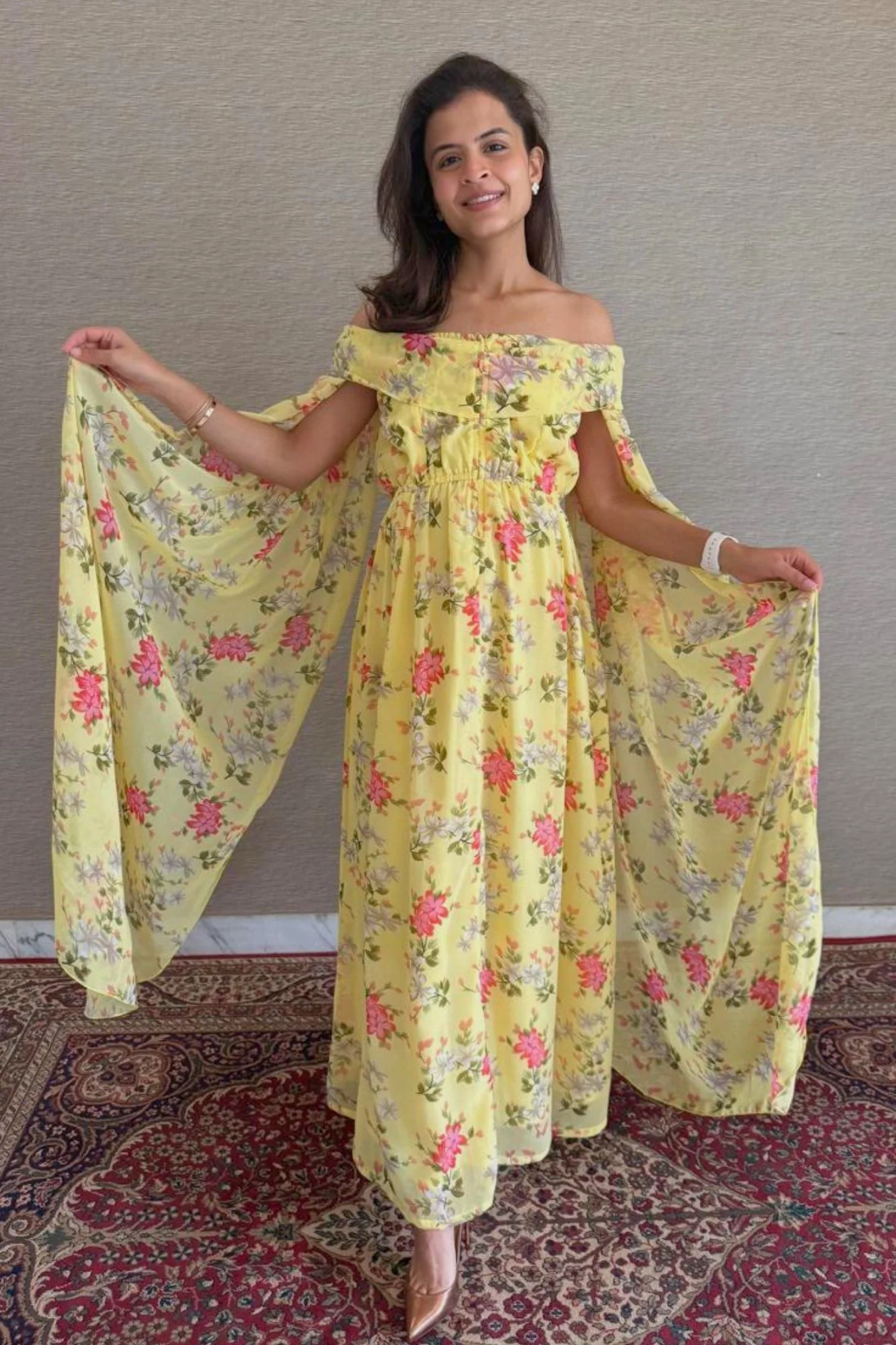 Adorable Yellow Flying Sleeves Maternity & Nursing Dress - Chenance