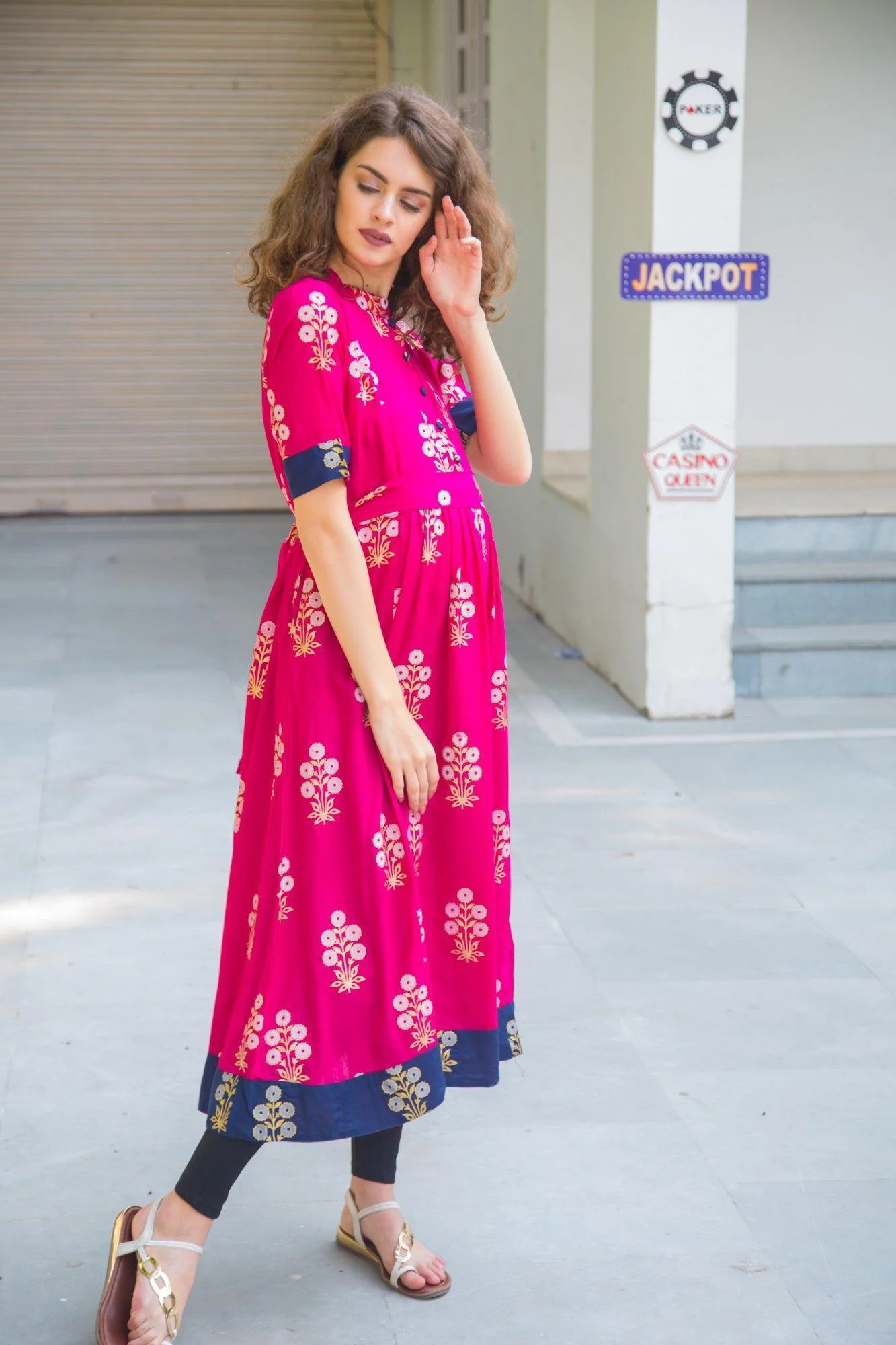 Festive Pink Foil Print Maternity & Nursing Kurta - Chenance