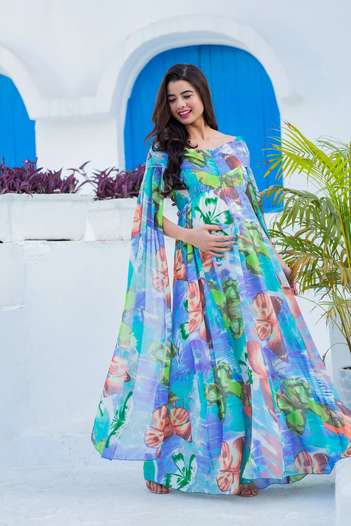 Aquamarine Blue Butterflying Sleeves Maternity & Nursing Dress - Chenance