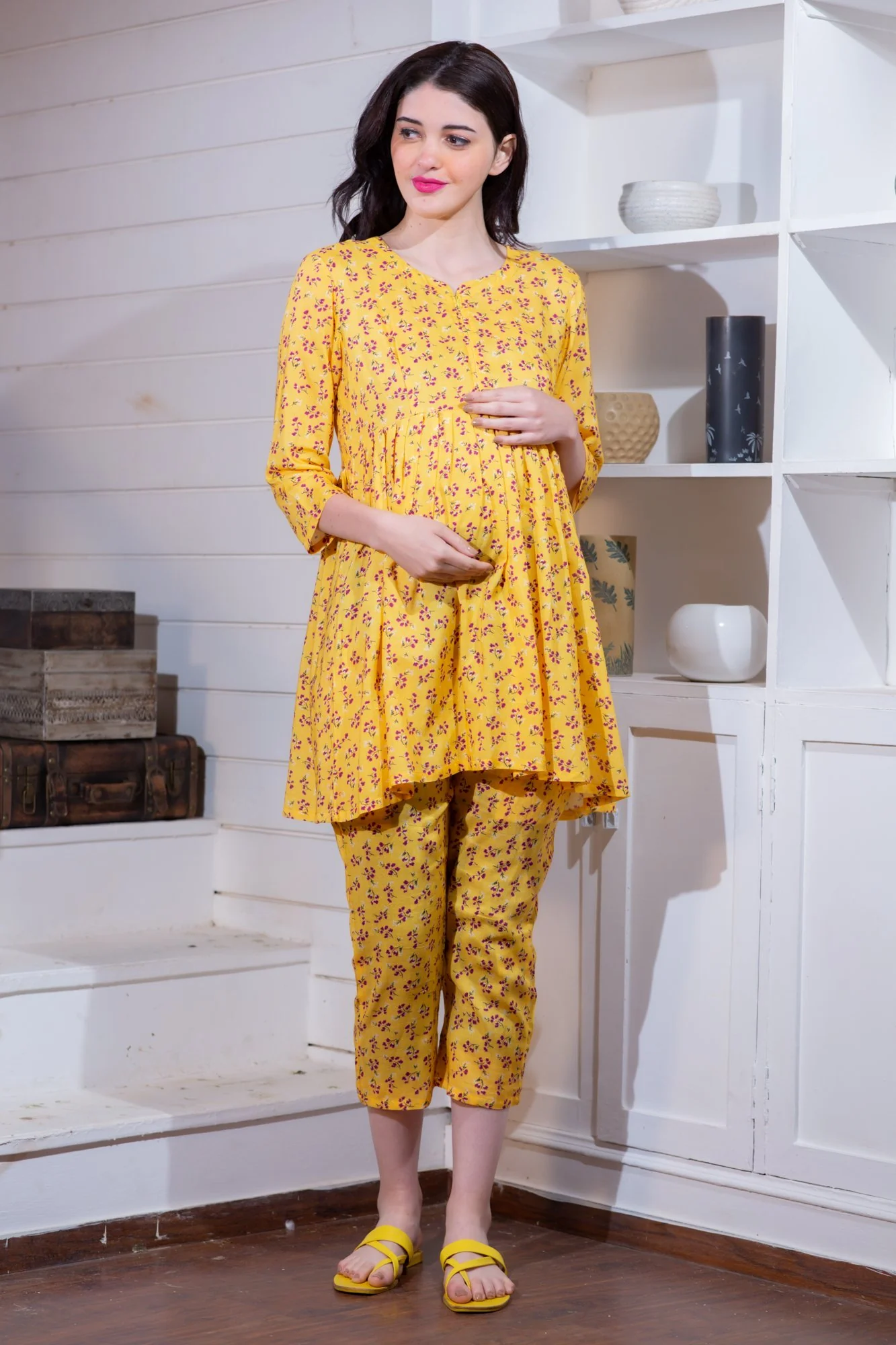 Angelic Yellow Maternity & Nursing Night Suit Set - Chenance