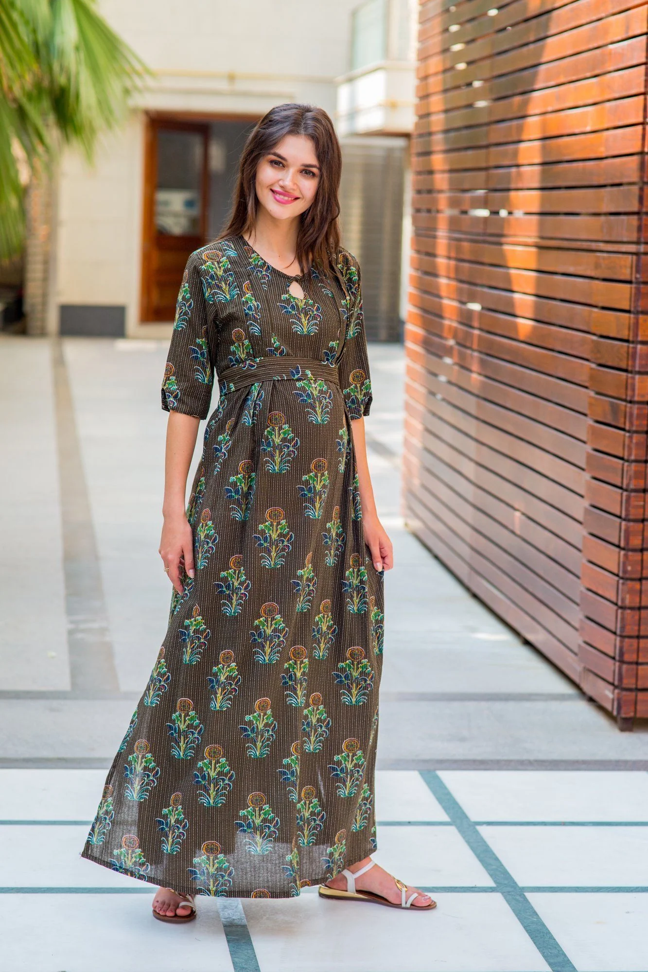 Cotton Loom Mocha Side Slit Maternity & Feeding Dress - Chenance