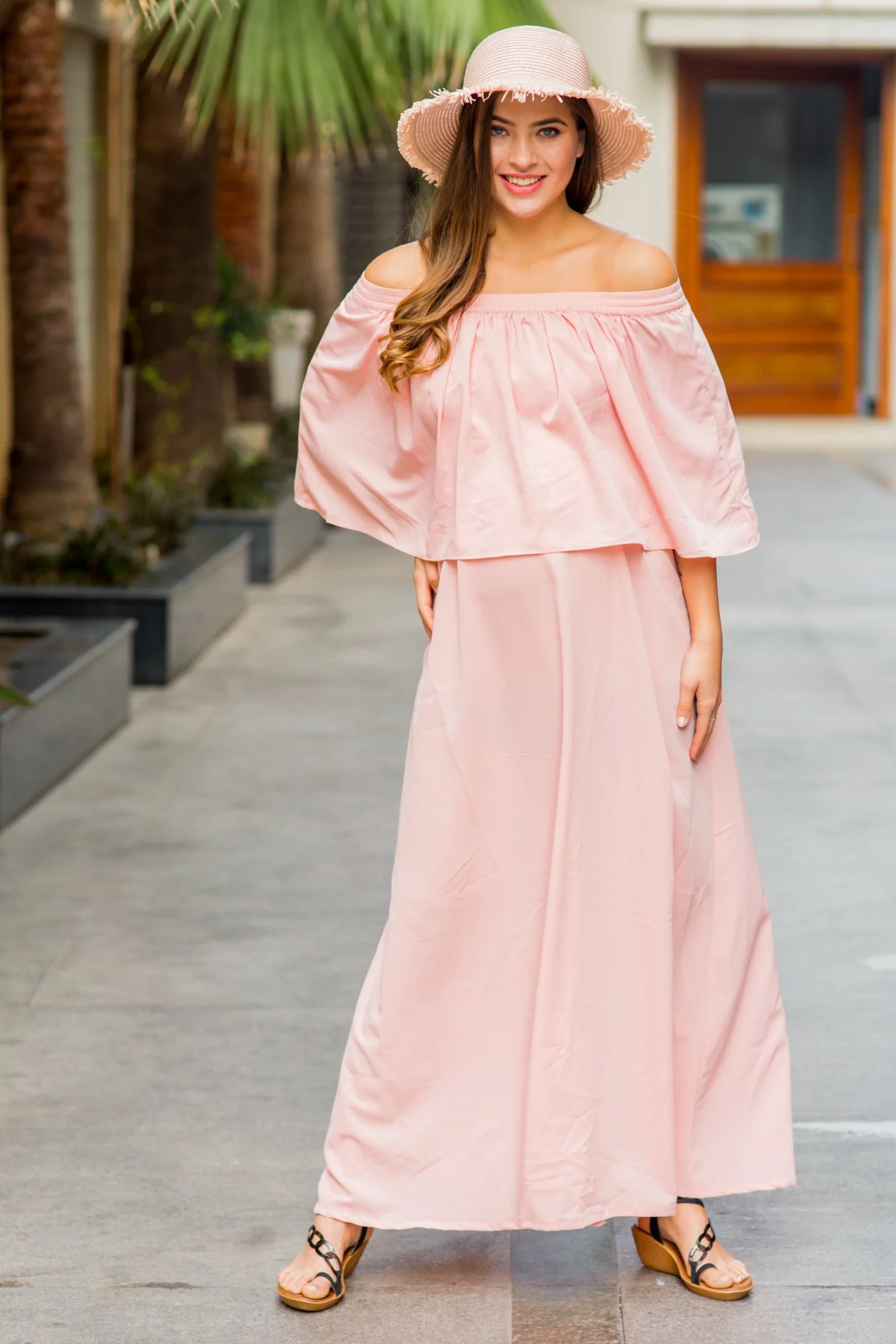 Peachy Pink Off-Shoulder Maternity Maxi Dress - Chenance