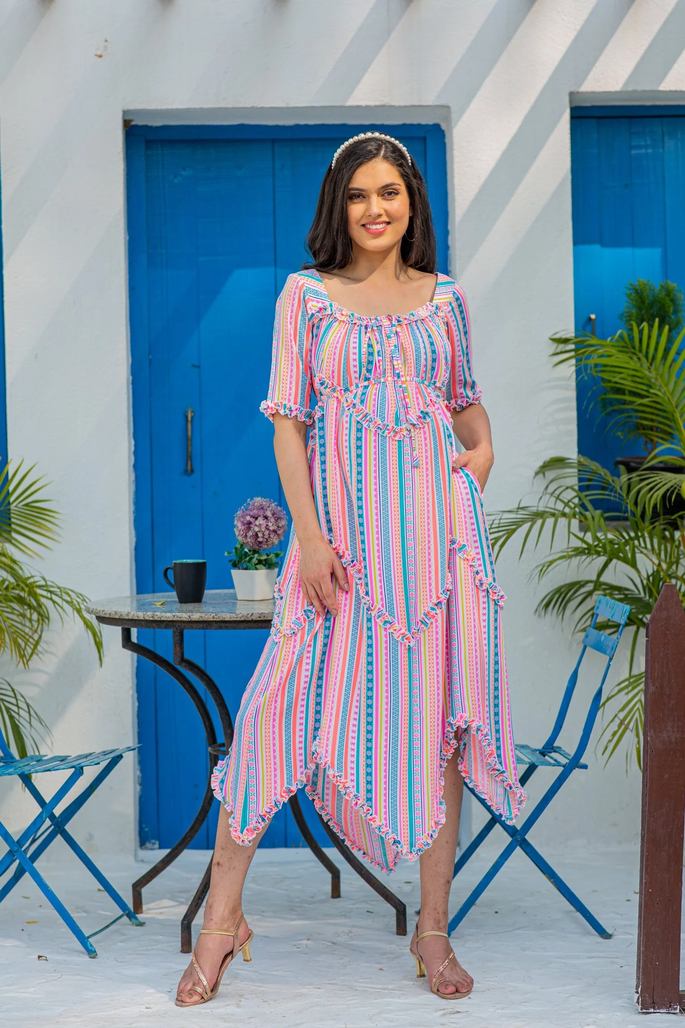 Angelic Vibrant Striped Long Maternity & Nursing Dress - Chenance