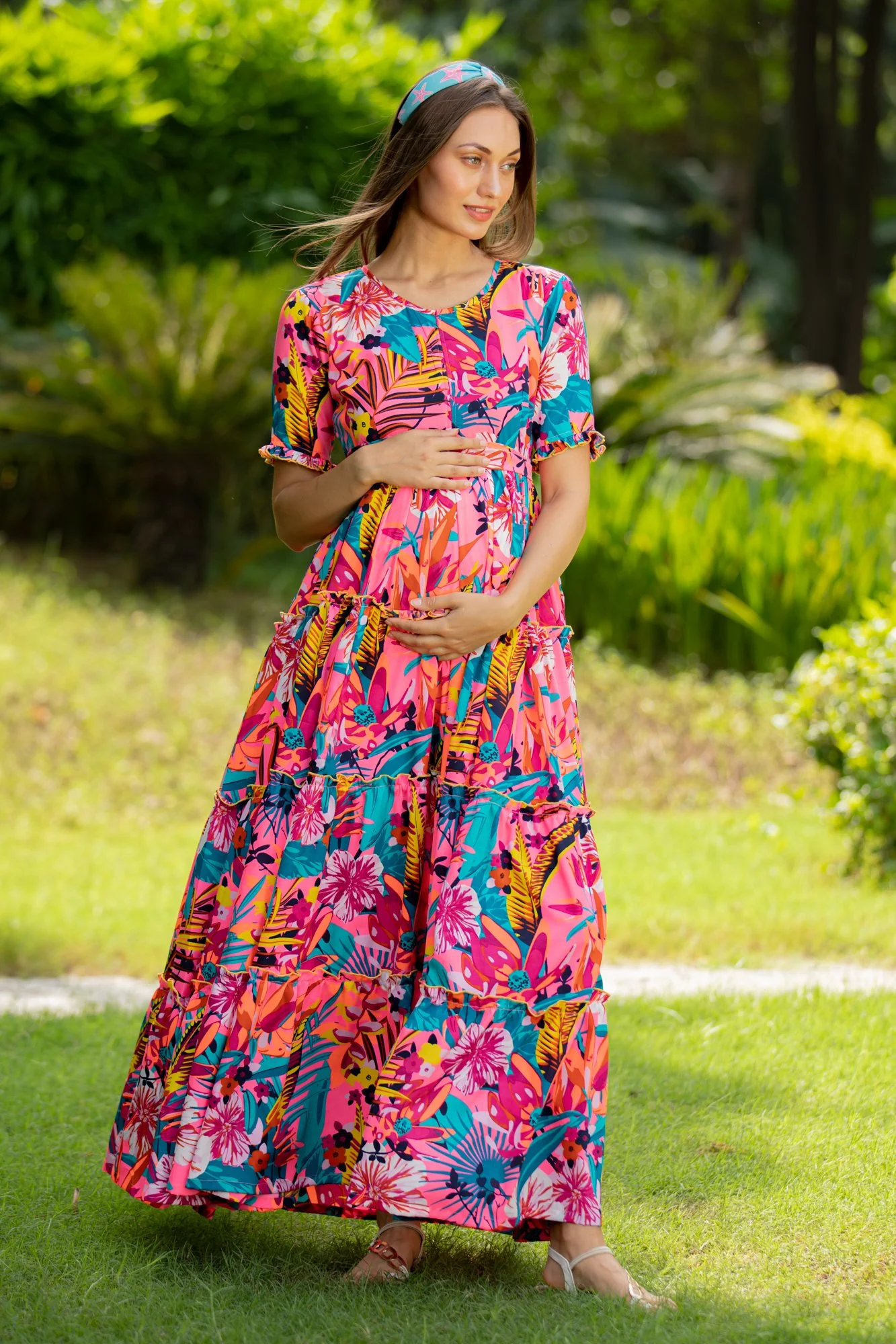 Paradise Bloom Multilayer Frill Single Concealed Zip Maternity & Nursing Dress - Chenance