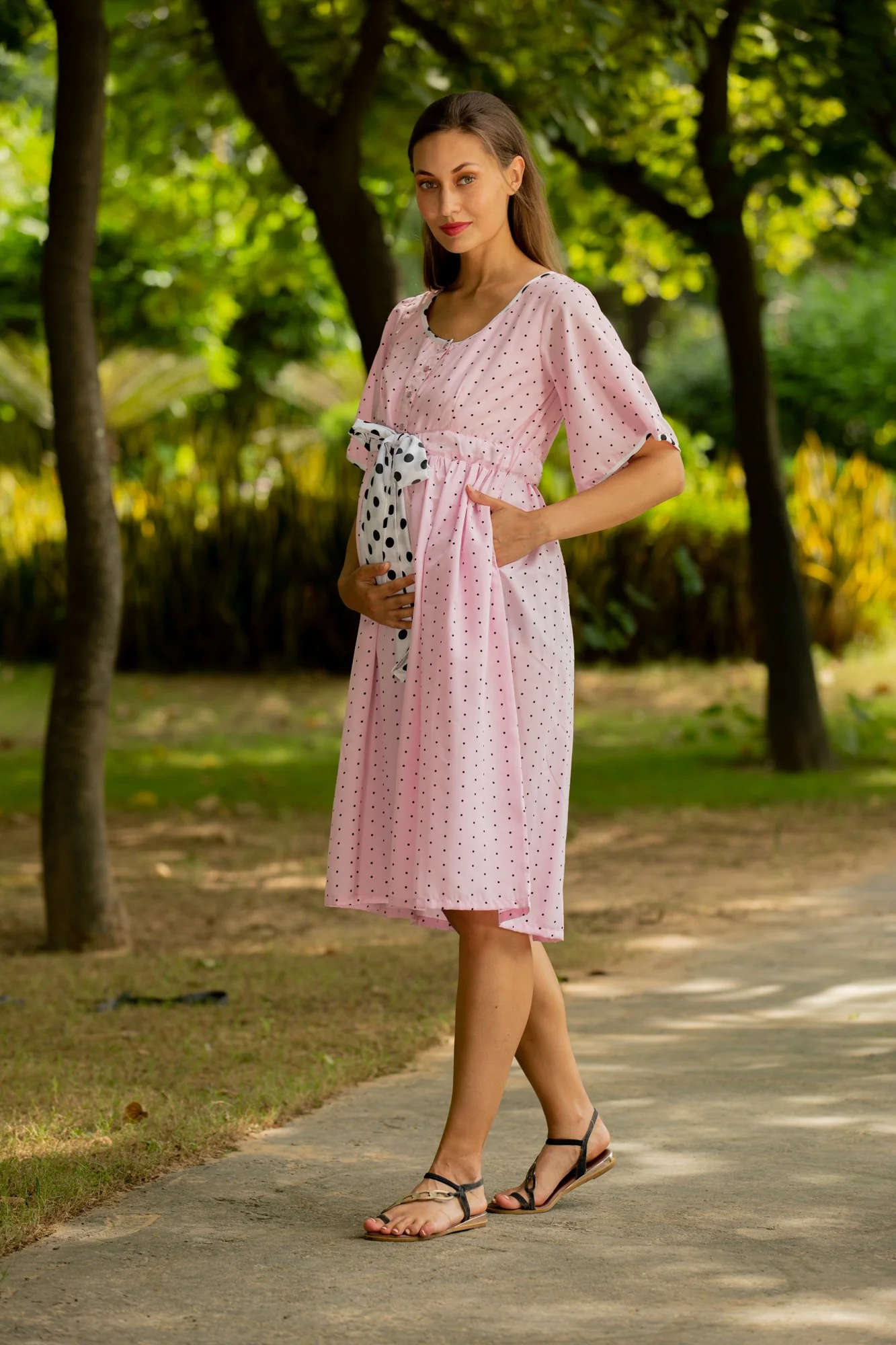 Pastel Pink Polka Maternity and Front Button Nursing Swing Dress - Chenance