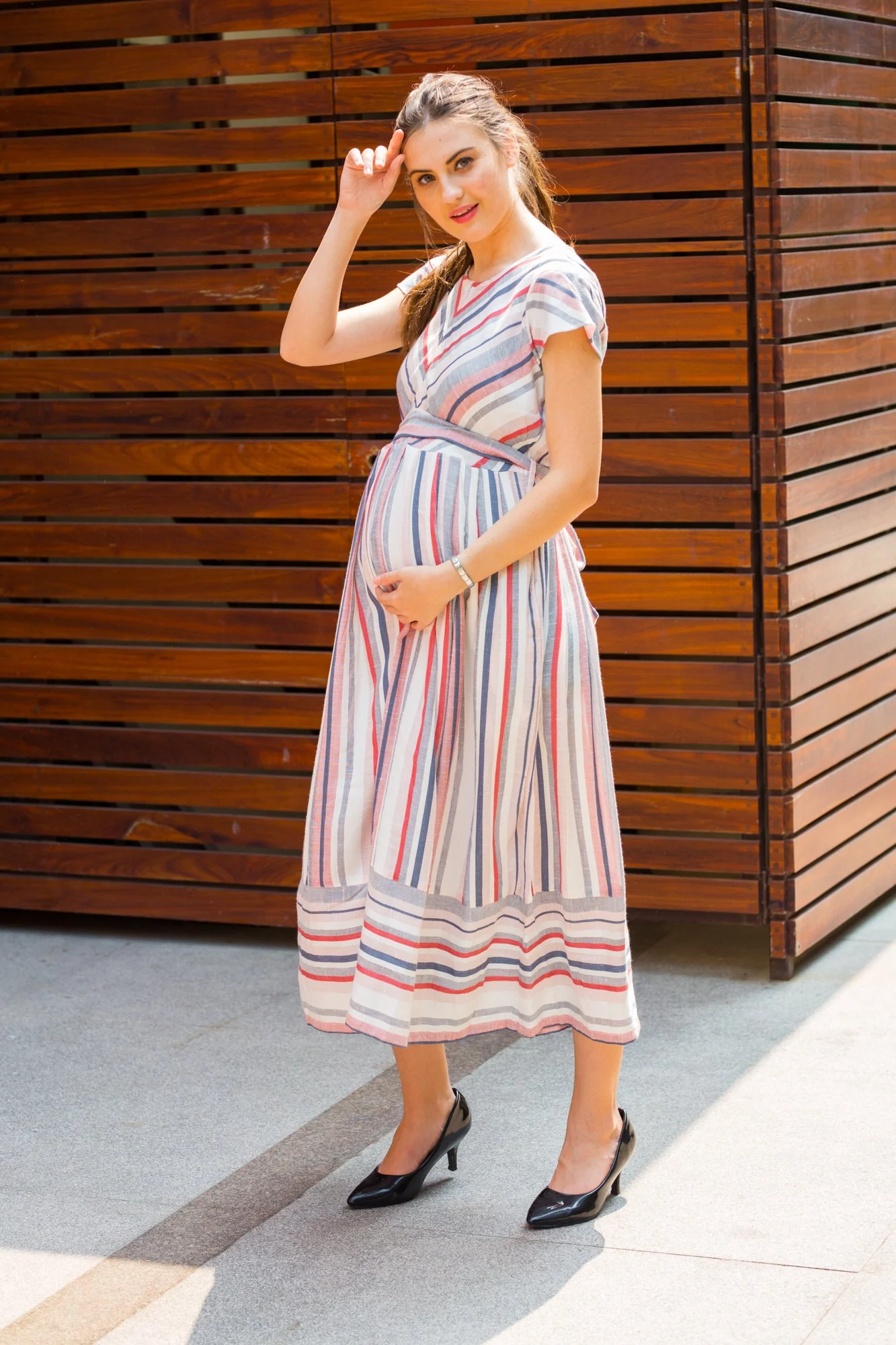 Pastel Viscose Striped Maternity & Nursing Dress - Chenance