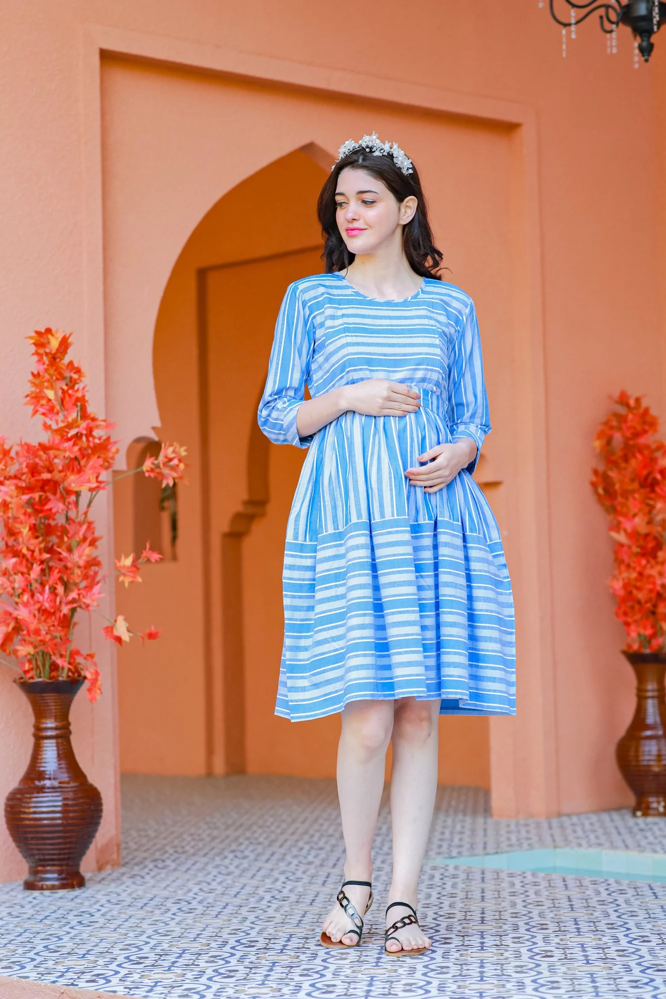 Azure Blue Stripe Maternity & Nursing Dress - Chenance