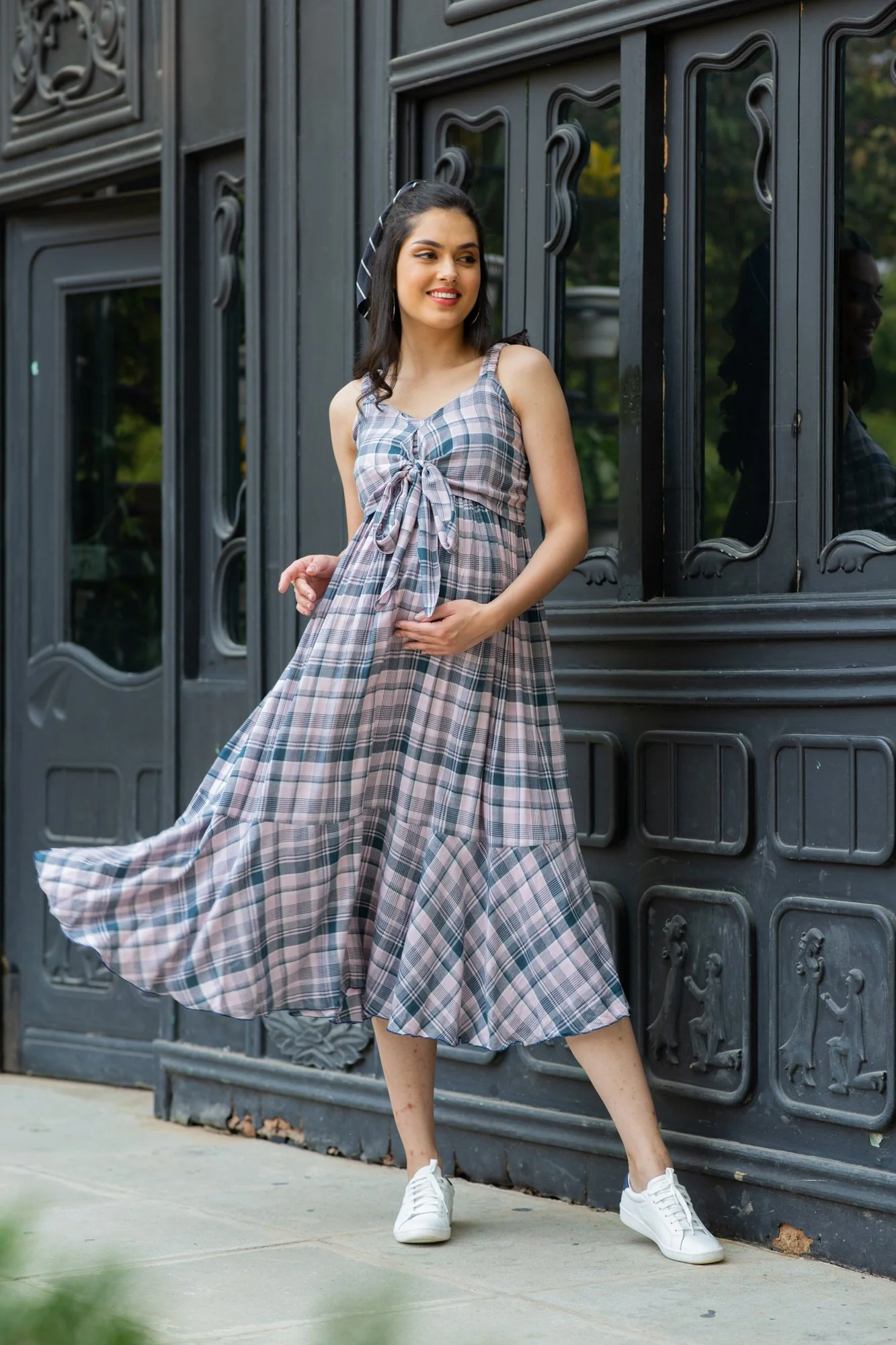 Arctic Plaid Dual Bow Maternity Dress - Chenance