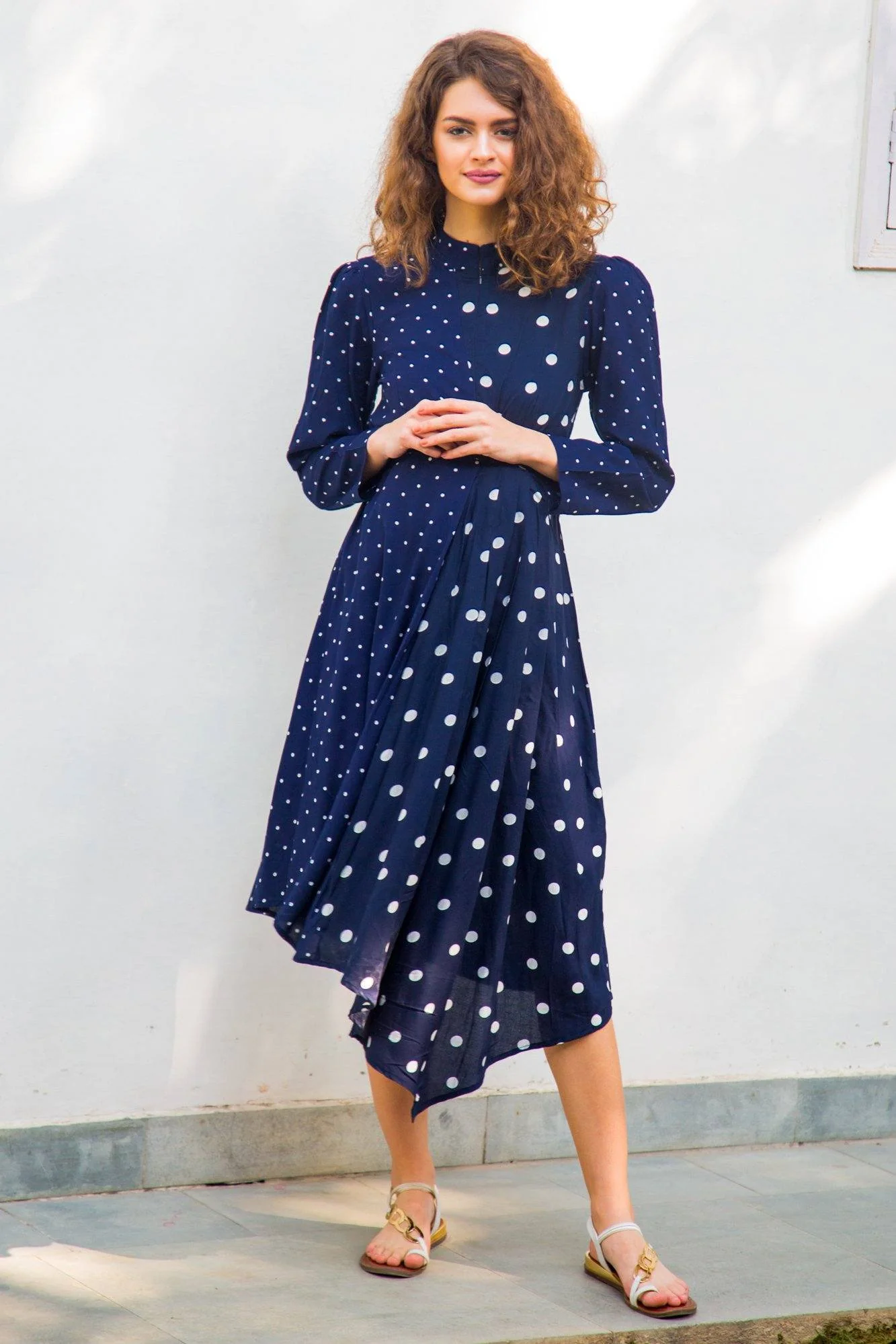 Asymmetrical Navy Polka High Neck Maternity & Nursing Dress - Chenance
