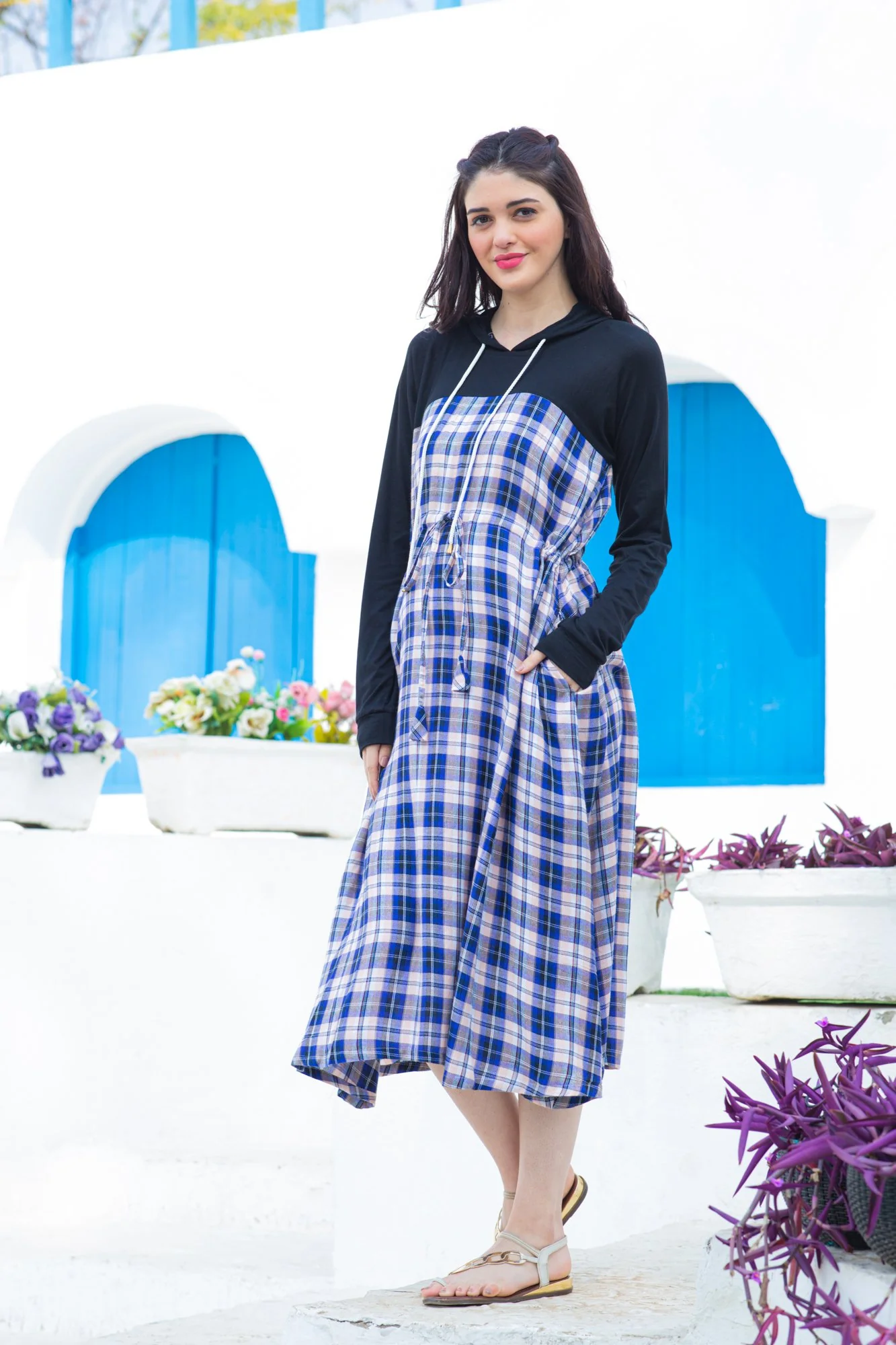 Azure Plaid Maternity Hoodie Dress - Chenance