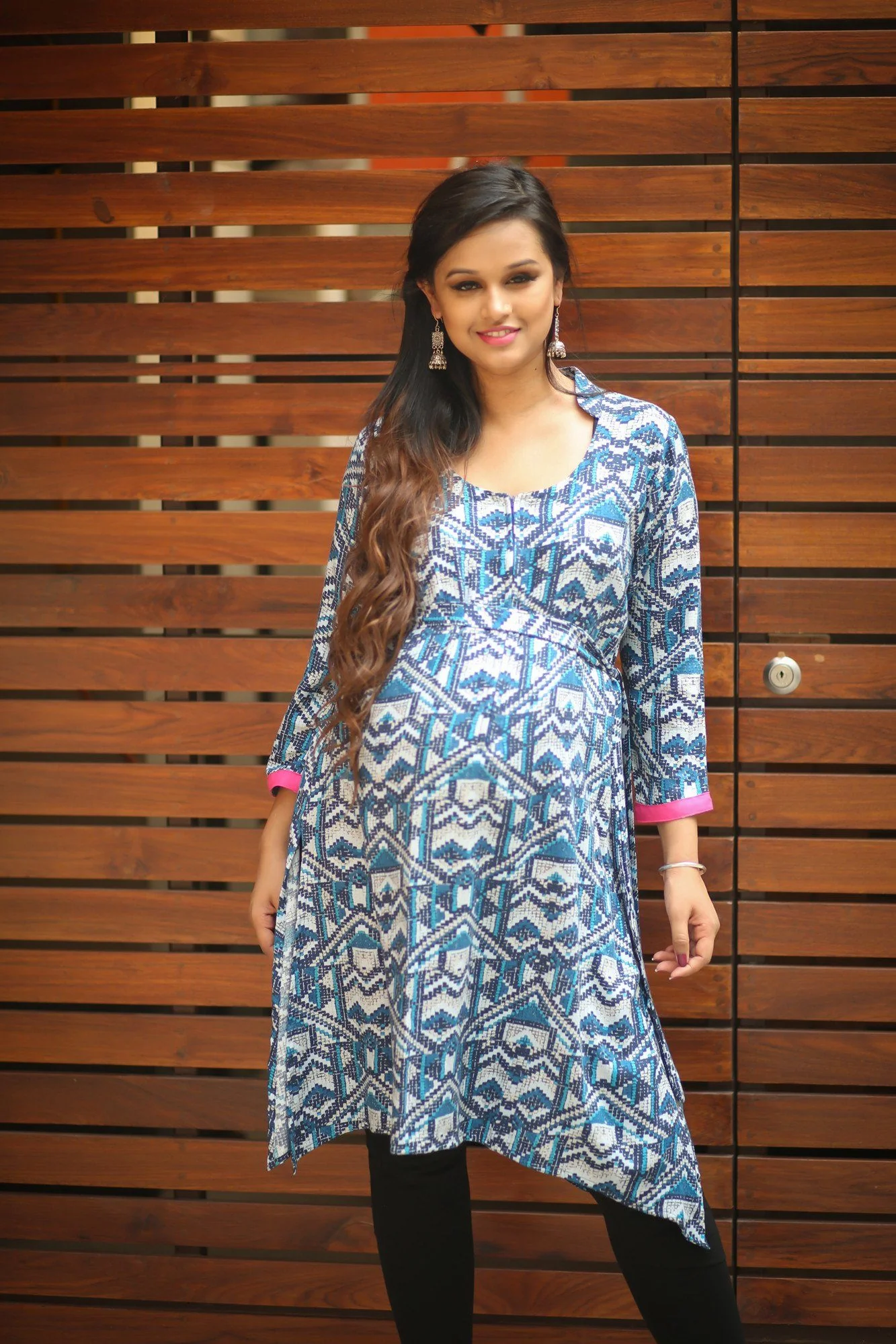 Blue Aztec Mesh Front Zip Nursing Kurta - Chenance