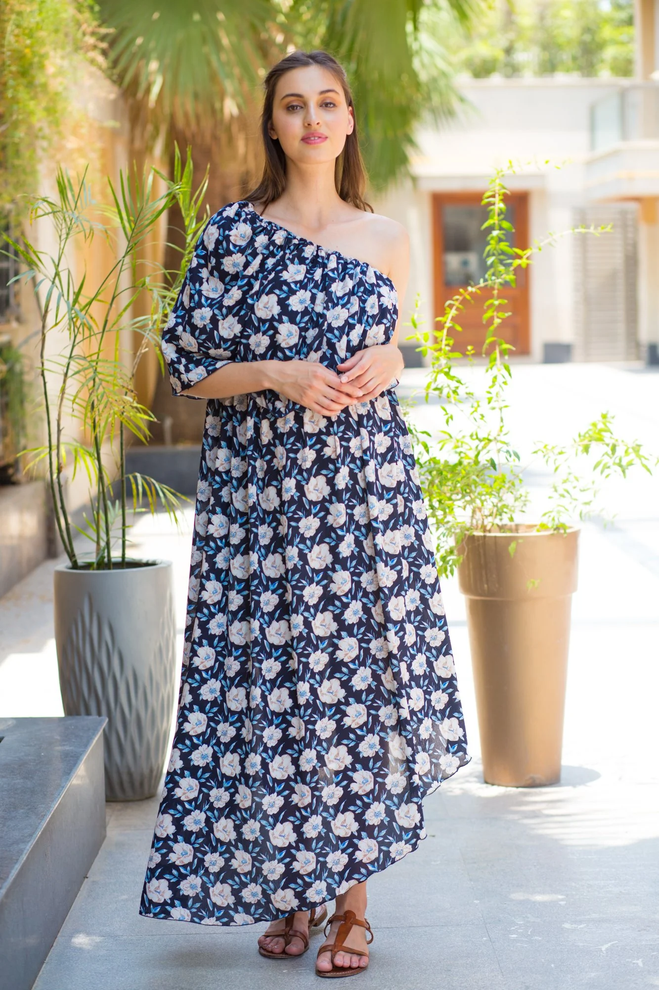 Ebony Floral Side Shoulder Hi Low Maternity Maxi Dress - Chenance