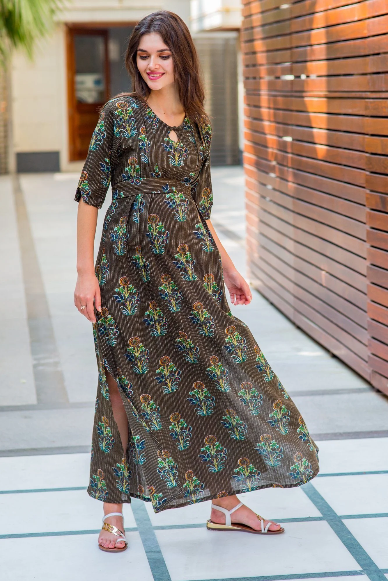 Cotton Loom Mocha Side Slit Maternity & Feeding Dress - Chenance