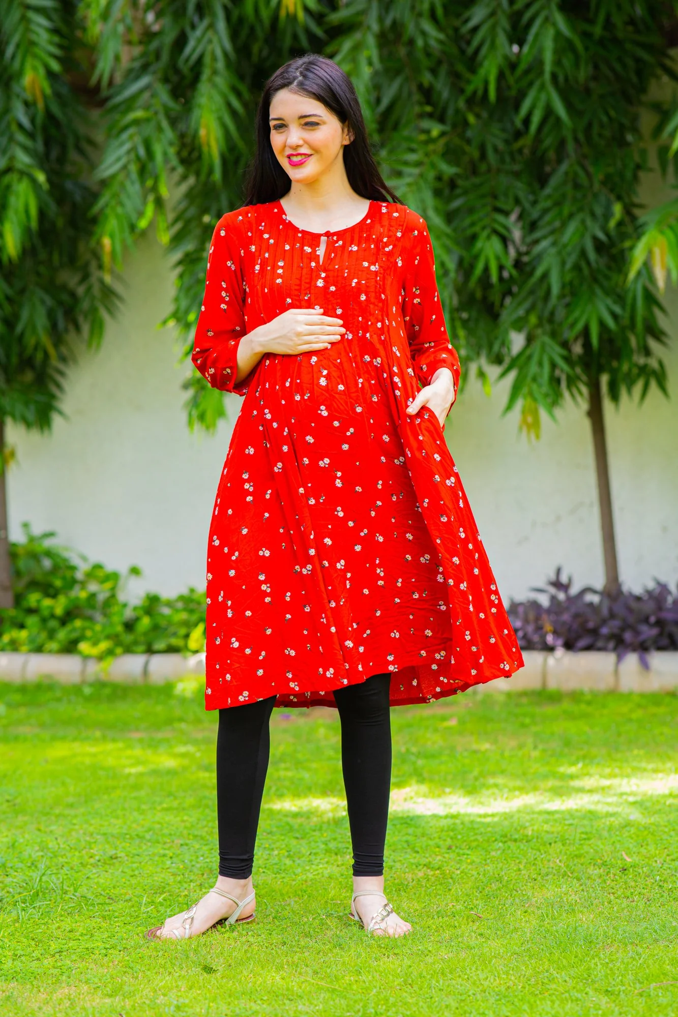 Crimson Red Maternity & Nursing Pintucks Dress - Chenance