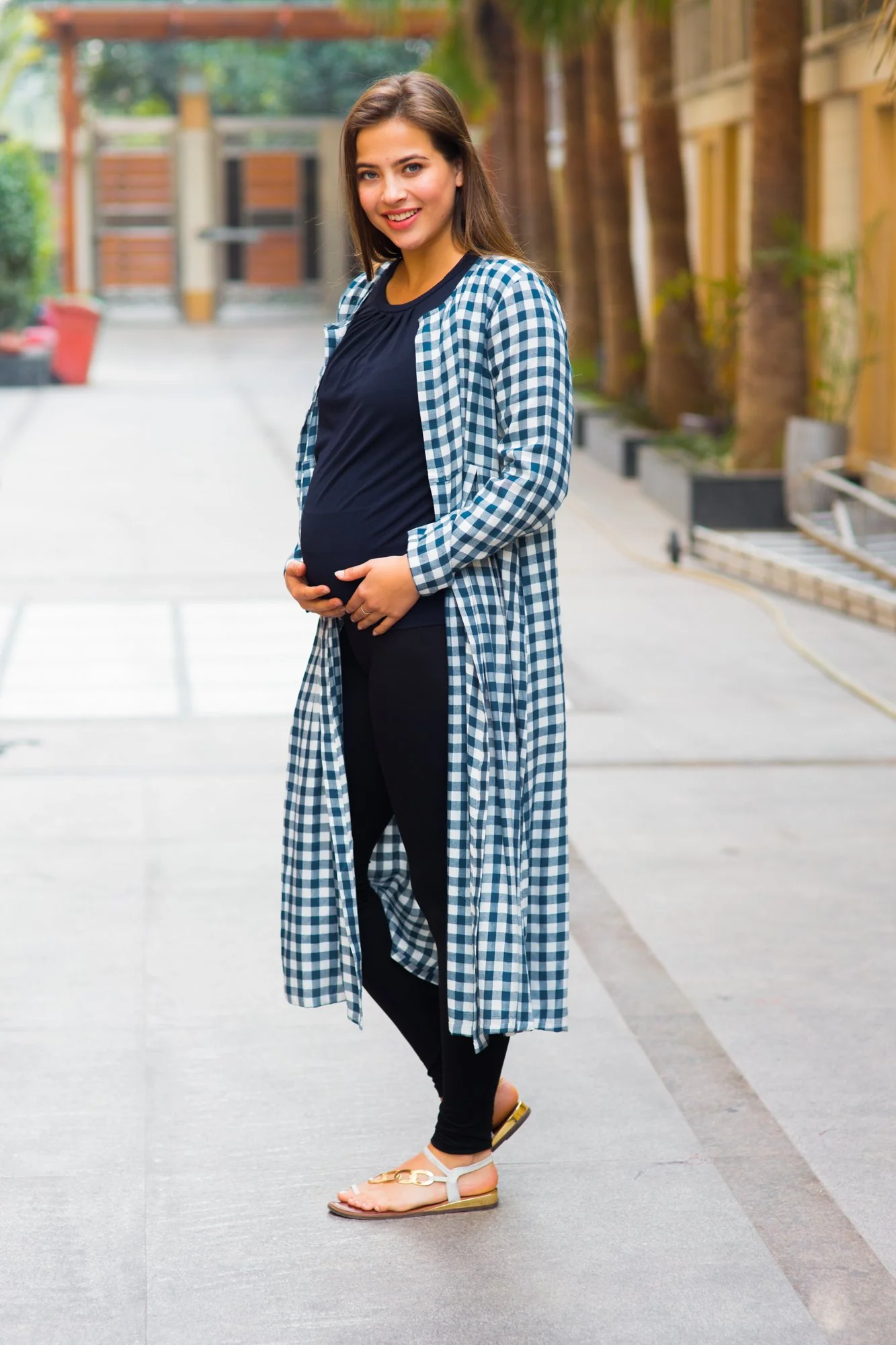 Azure Gathered Plaid Maternity Cover Up - Chenance