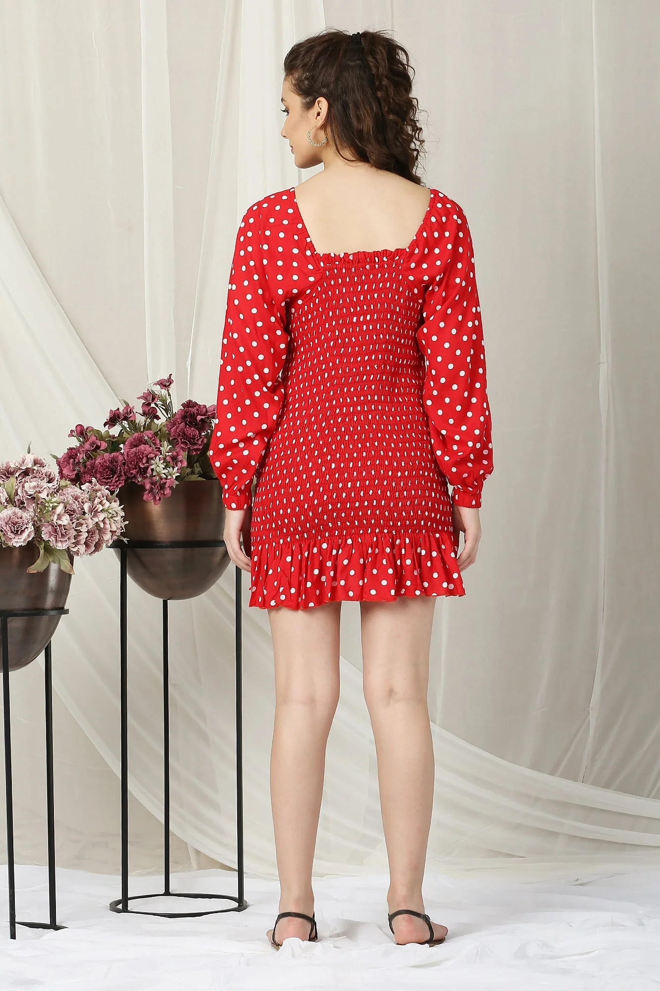 Women Sizzling Polka Red Smocking Dress - Chenance