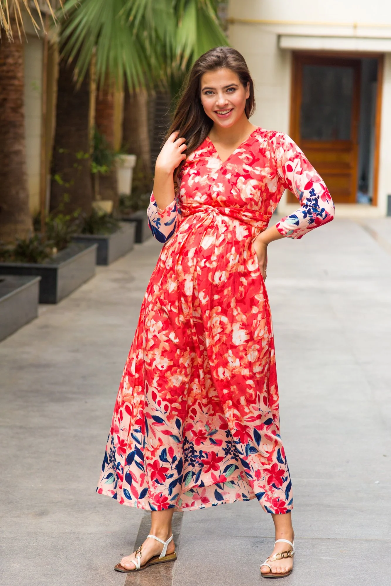 Peachy Blossom Ombre Maternity Knot Dress - Chenance