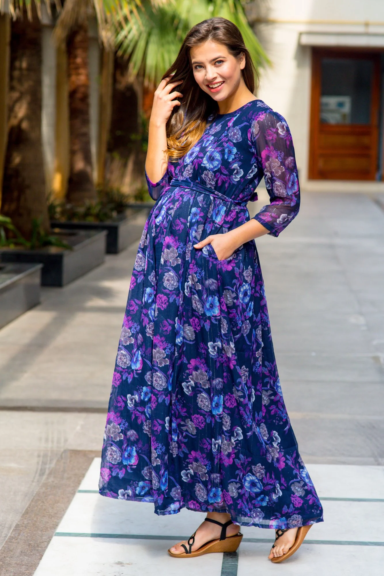 Luxe Chiffon Violet Floral Maternity & Nursing Dress - Chenance