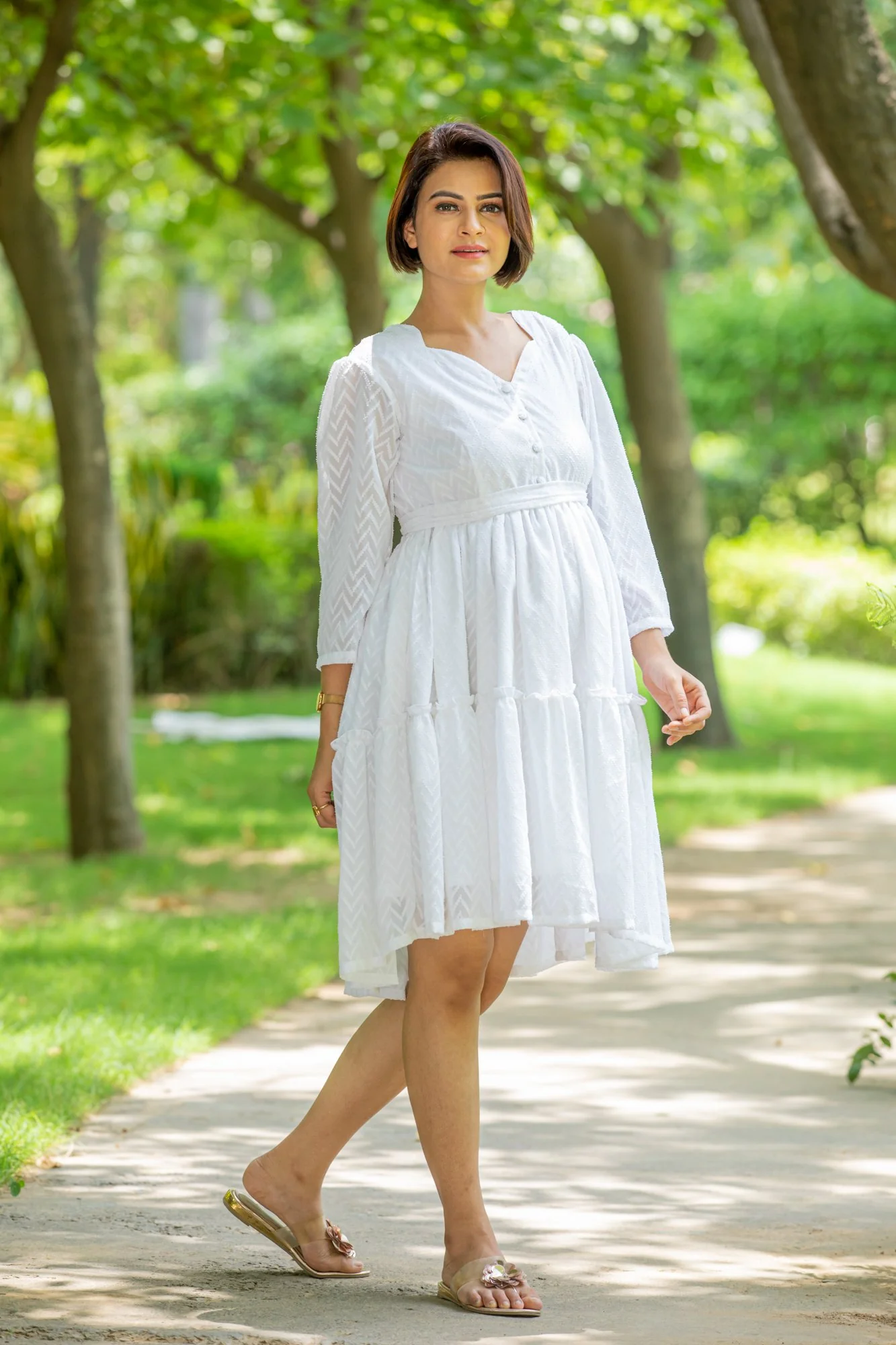 Angelic White Sweetheart Maternity & Nursing Flair Dress - Chenance