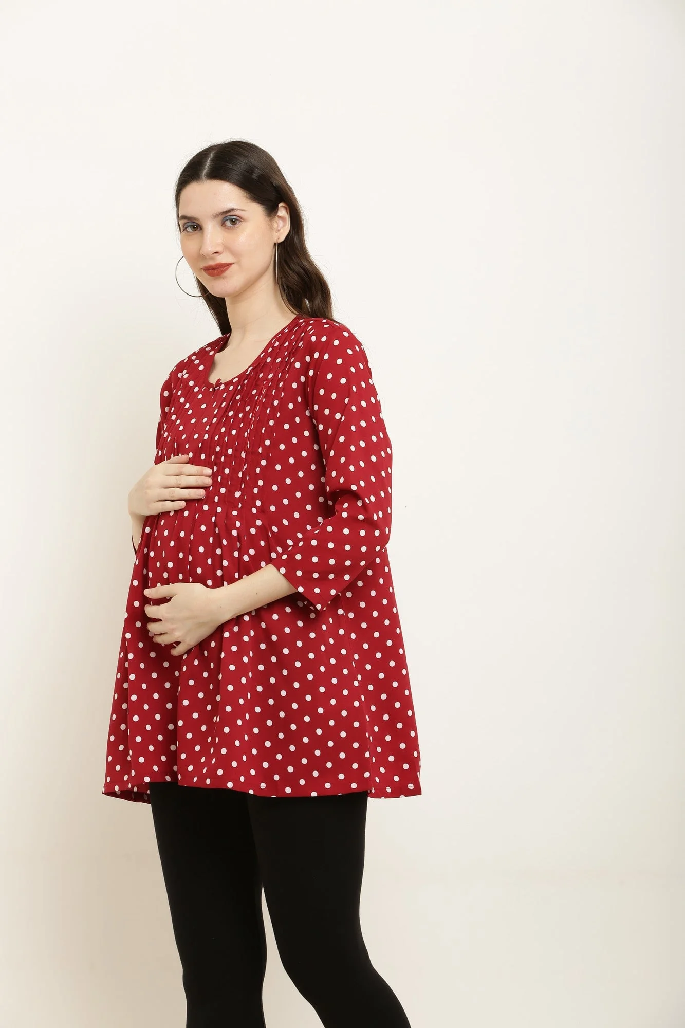 Rosy Red Polka Maternity & Nursing Pintucks Crepe Top - Chenance