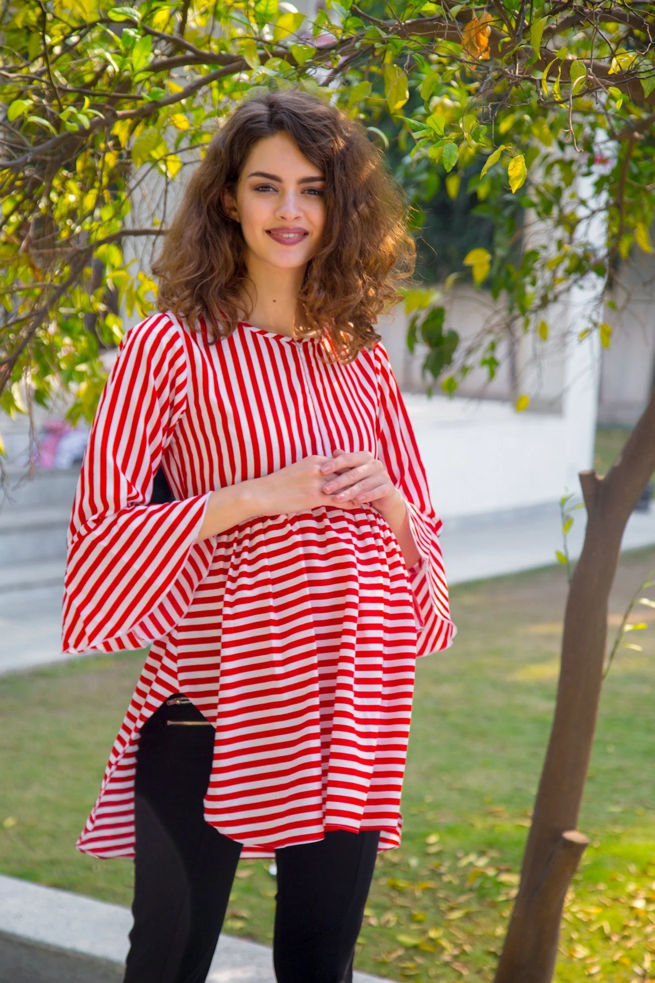 Royal Red Striped Maternity & Nursing Top - Chenance