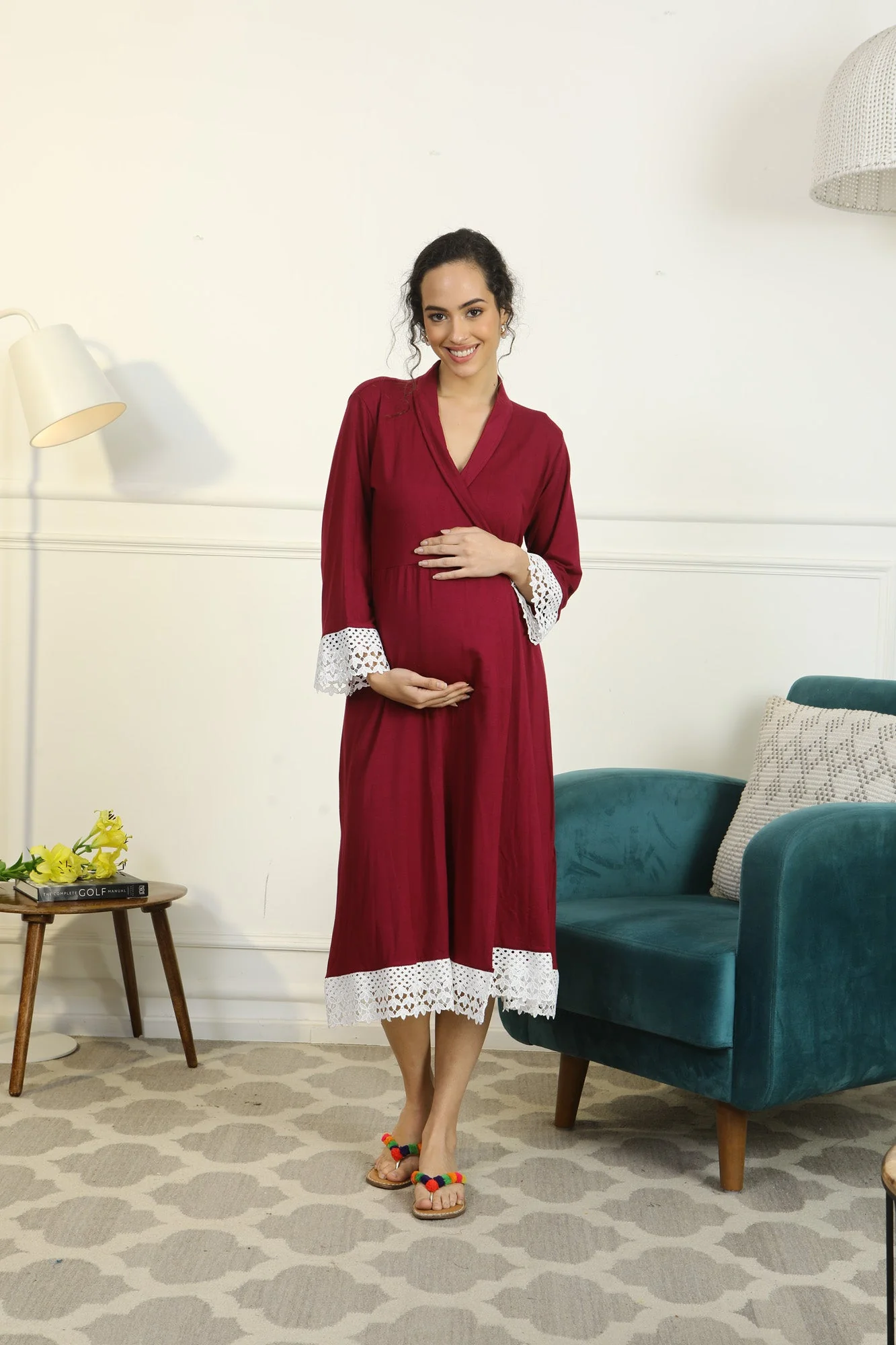 Vibrant Mulberry Lycra Maternity & Nursing Wrap Nightwear Dress/ Hospital Gown/ Delivery Robes - Chenance