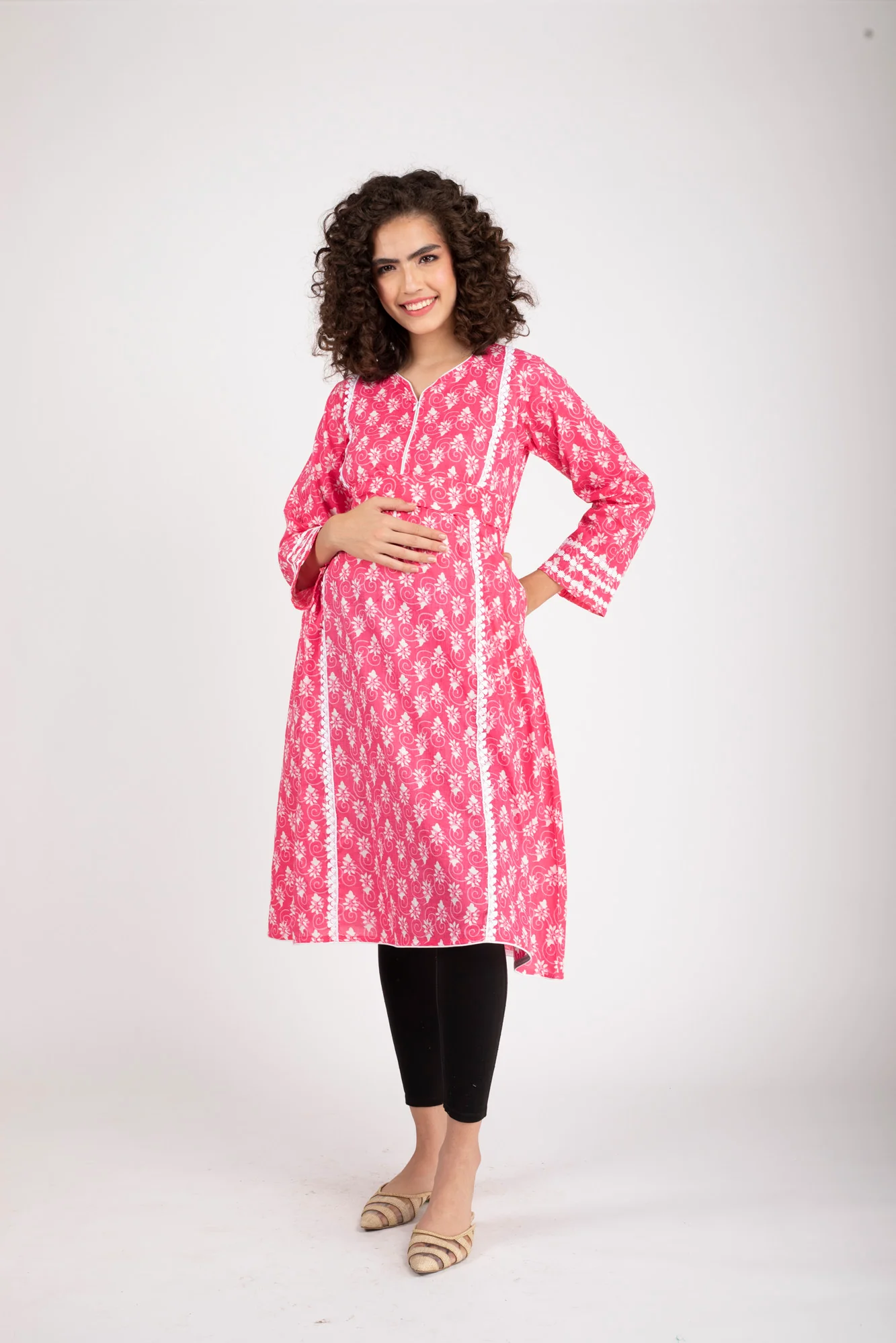 Blossom Pink Maternity & Nursing Kurta (100% Cotton) - Chenance
