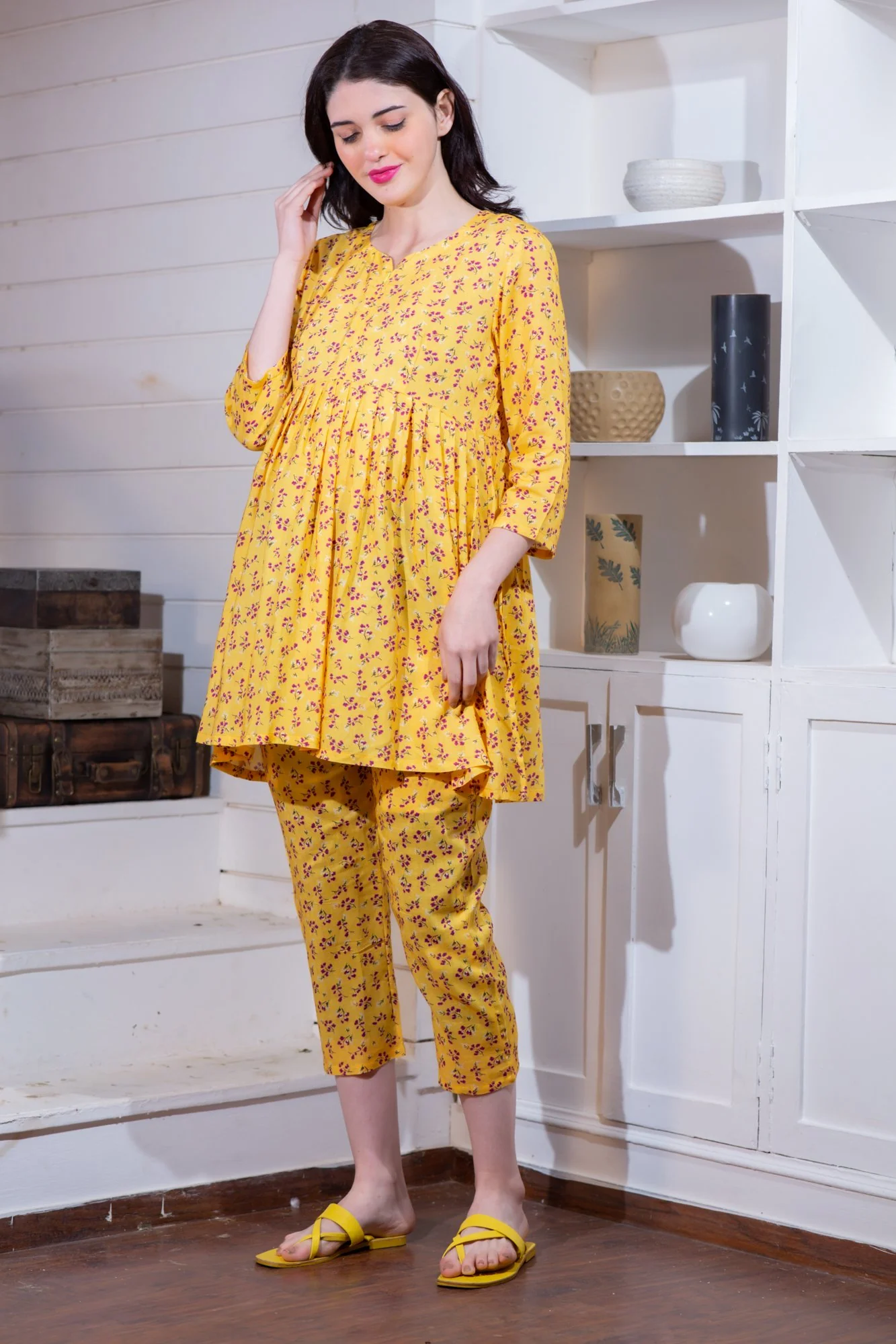 Angelic Yellow Maternity & Nursing Night Suit Set - Chenance