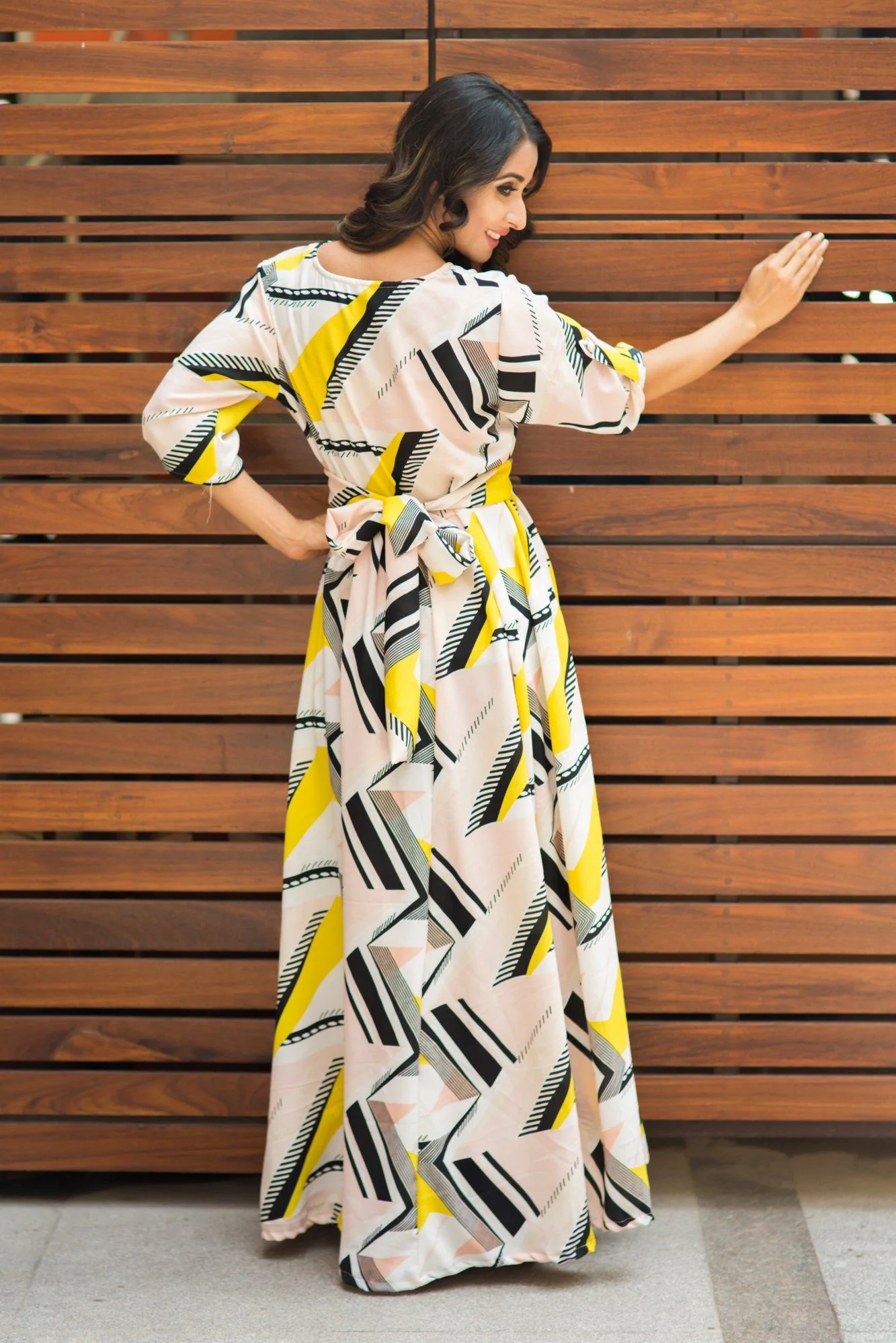 Yellow Peach Mosaic Concealed Zips Maternity & Nursing Dress - Chenance