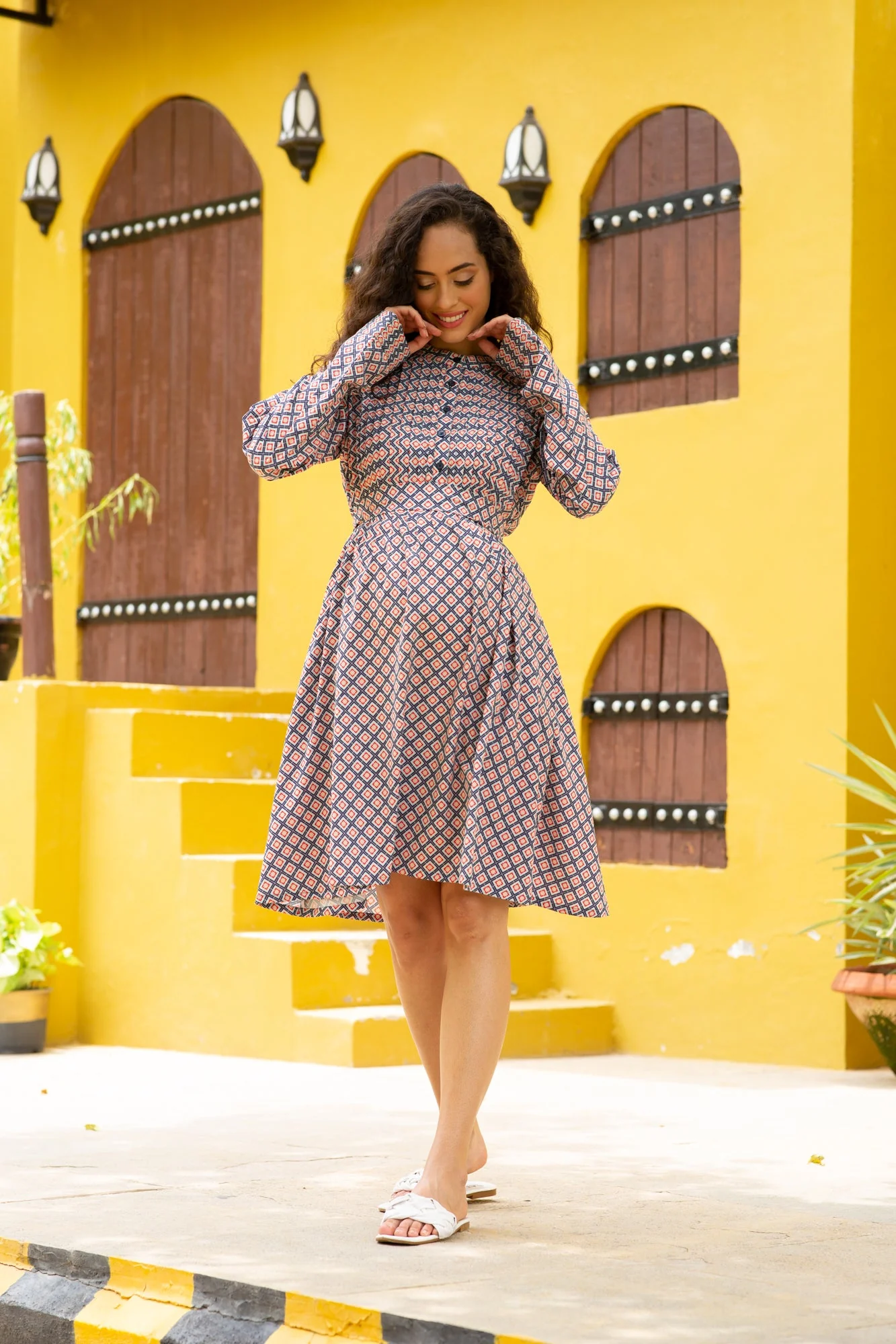 Adorable Blue Diamond Maternity & Nursing Pintucks Knee Dress - Chenance