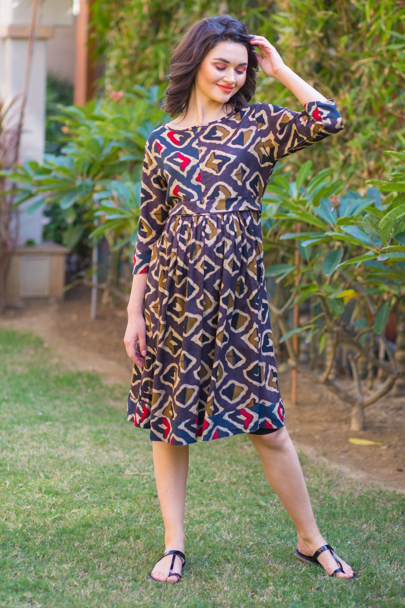 Patterned Maze Front Zip Maternity and Nursing Kurta Dress - Chenance