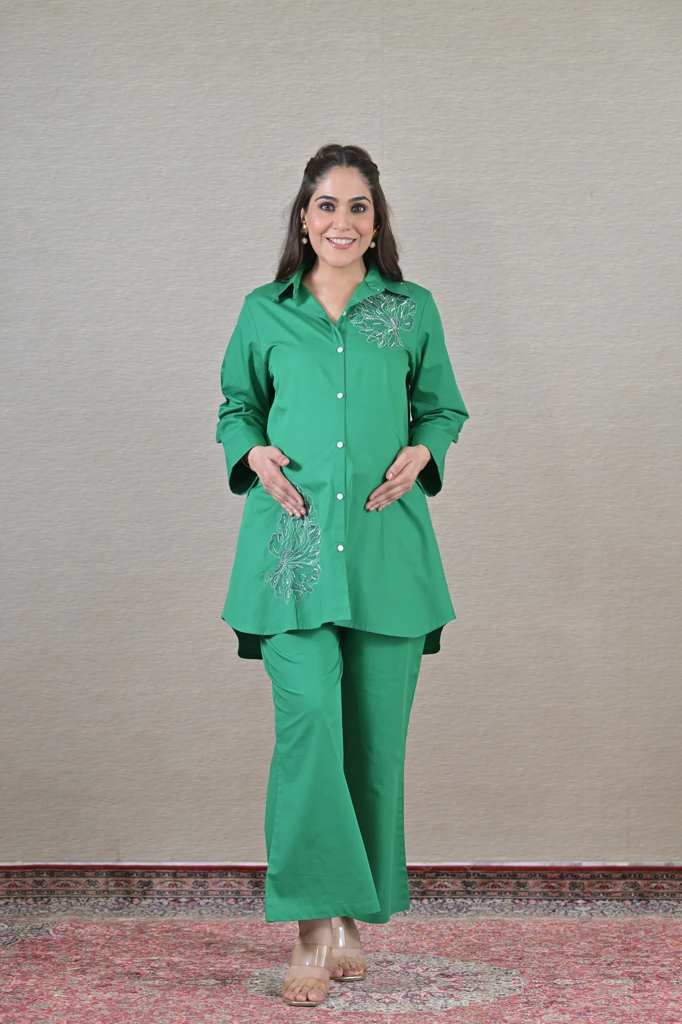 Appliqu  d Forest Maternity & Nursing Shirt Coord Set (2 pc) (100% Cotton) - Chenance