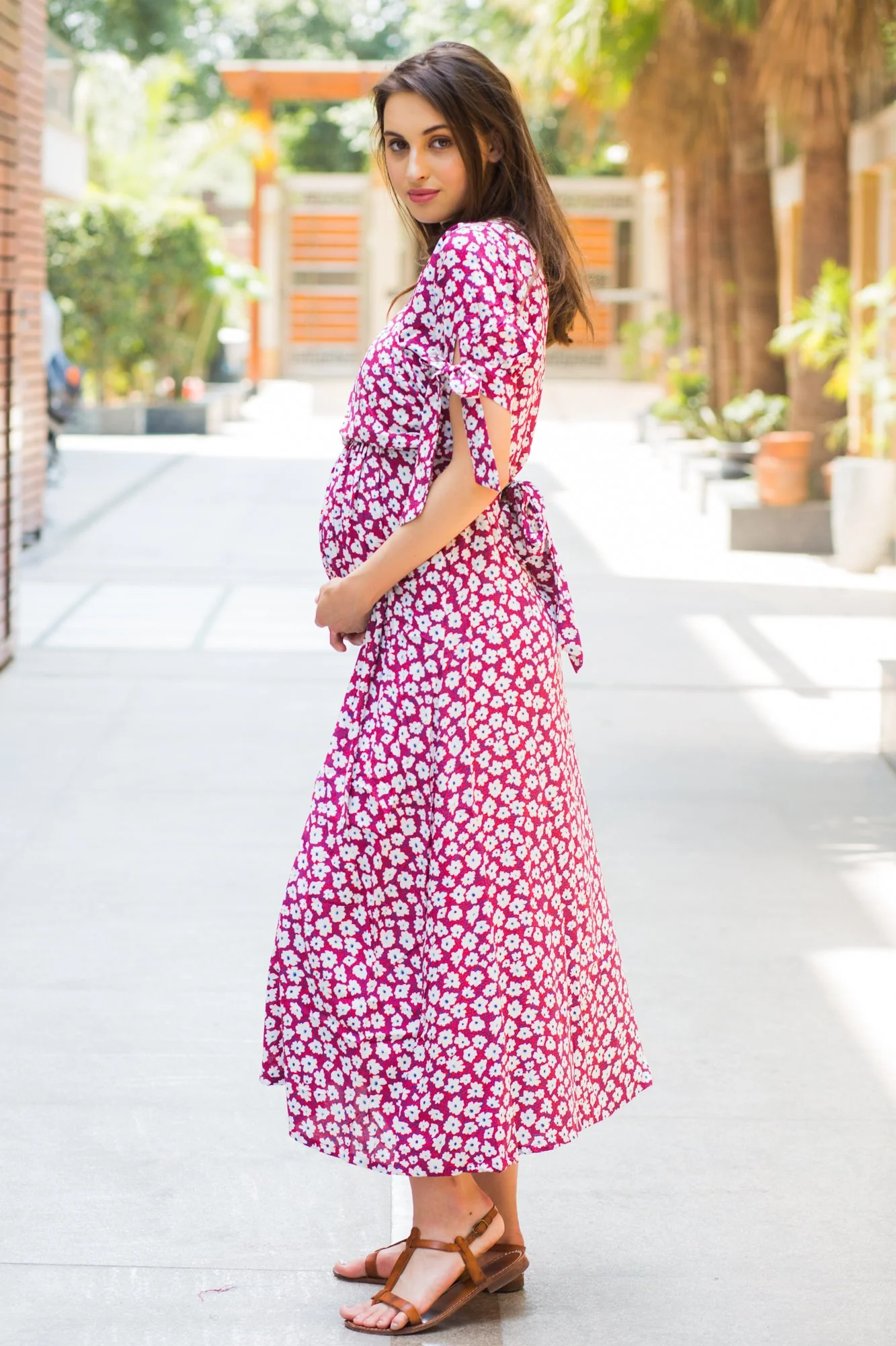 Berry Floral Maternity & Nursing Wrap Midi Dress - Chenance