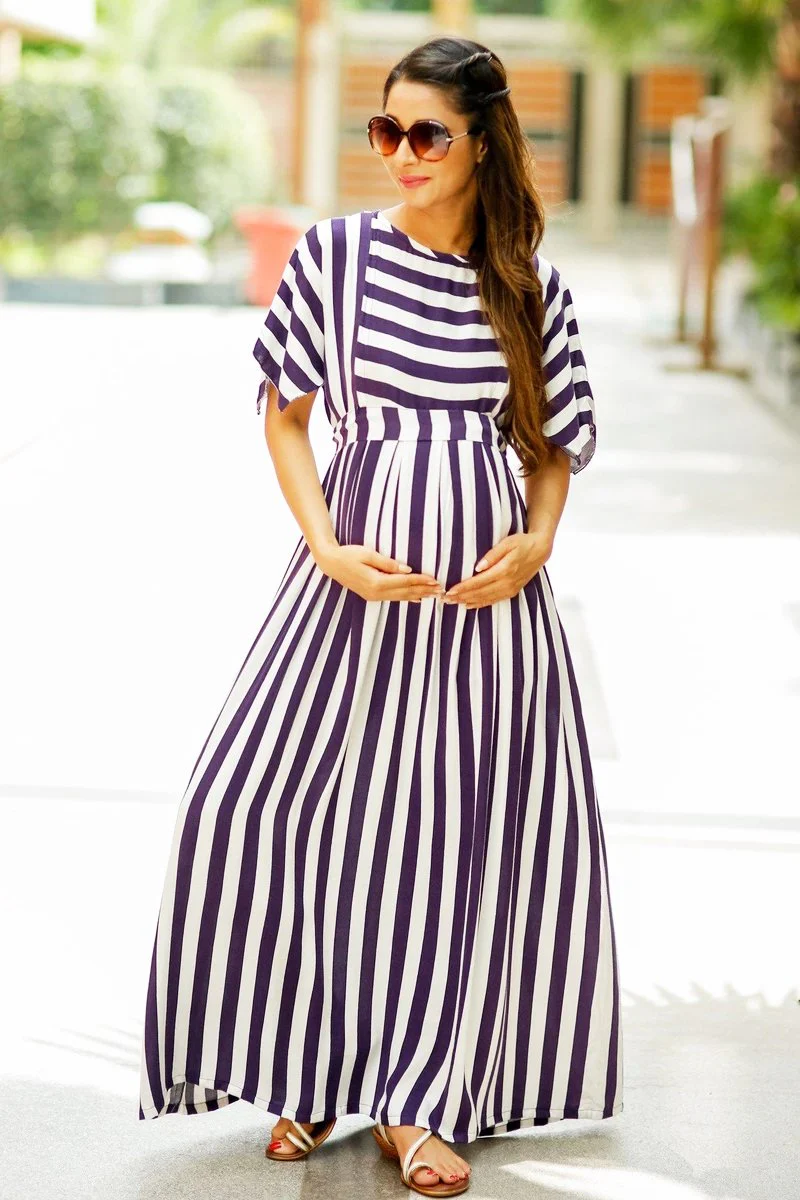Deep Violet  Stripe Maternity & Nursing Maxi - Chenance