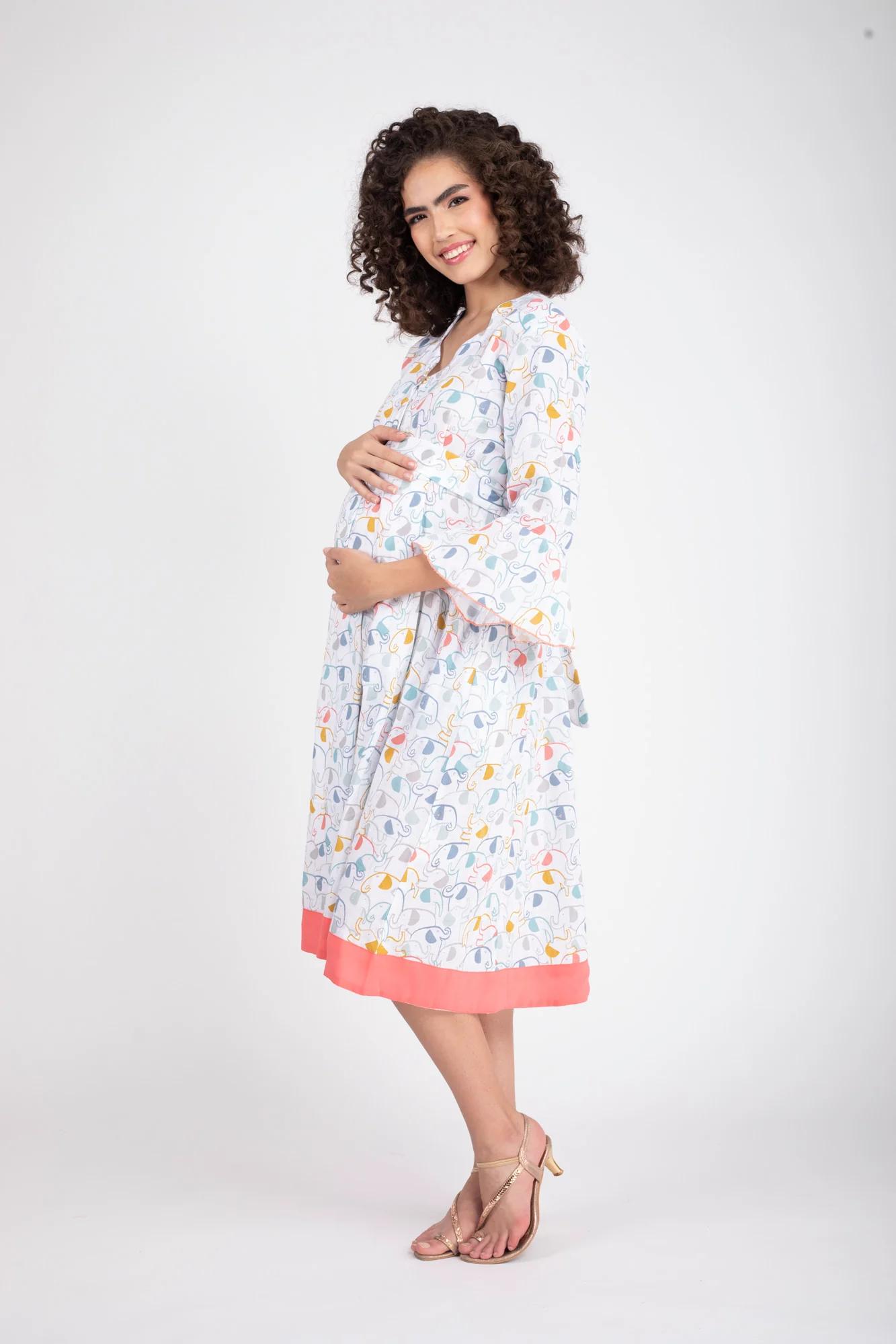 Abstract White Front Button Maternity & Nursing Linen Dress - Chenance