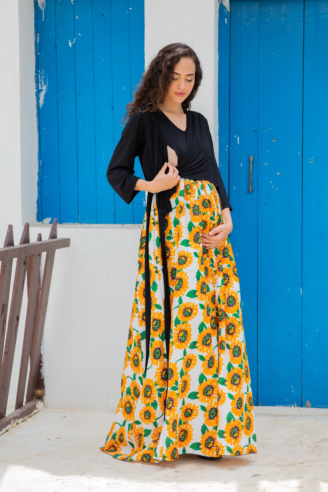 Cheery Sunflower Luxe Crepe Maternity & Nursing Wrap Dress - Chenance