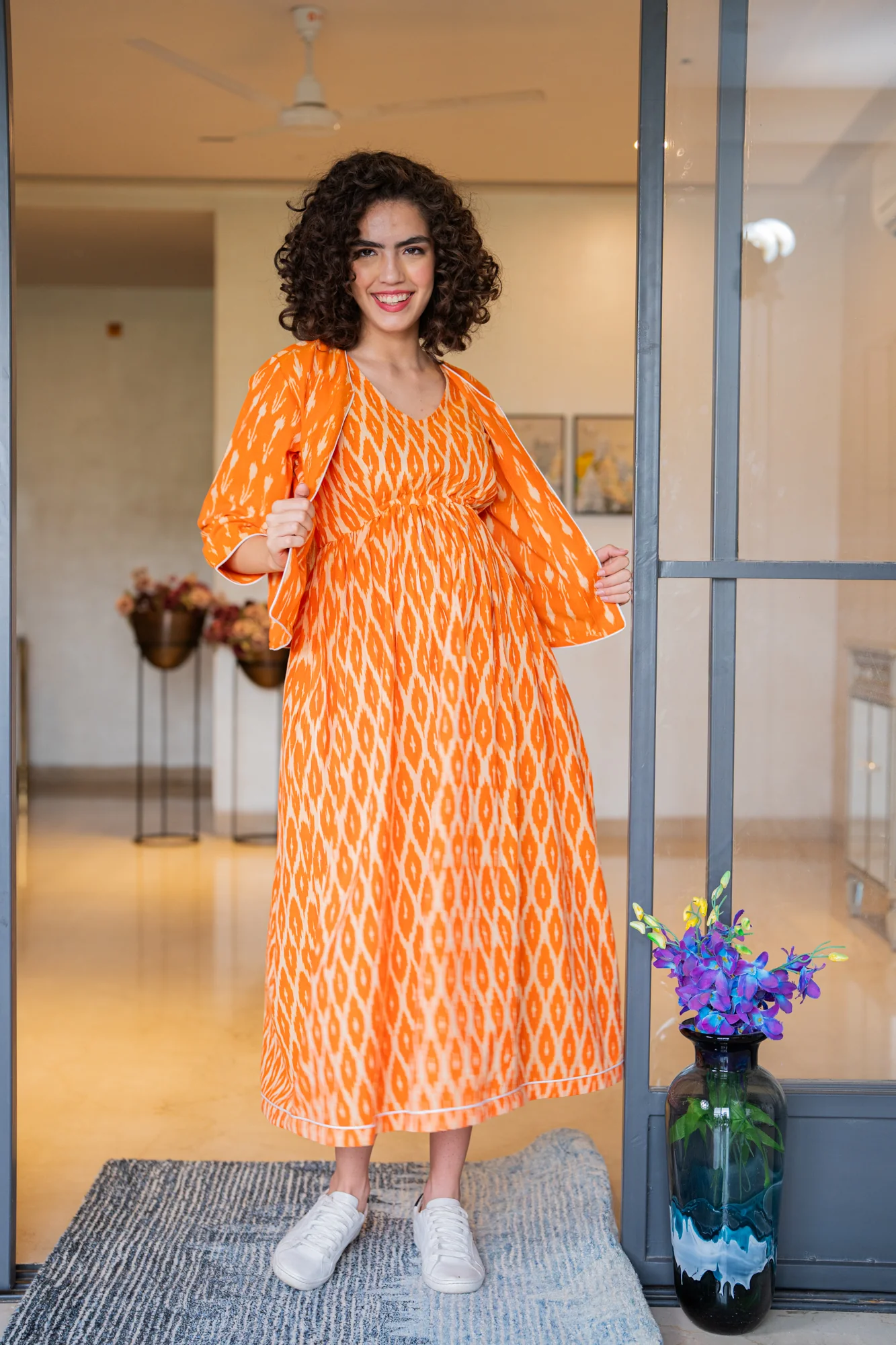 Vibrant Tangerine Ikat Maternity Dress With Jacket (100% Cotton) (2Pc) - Chenance