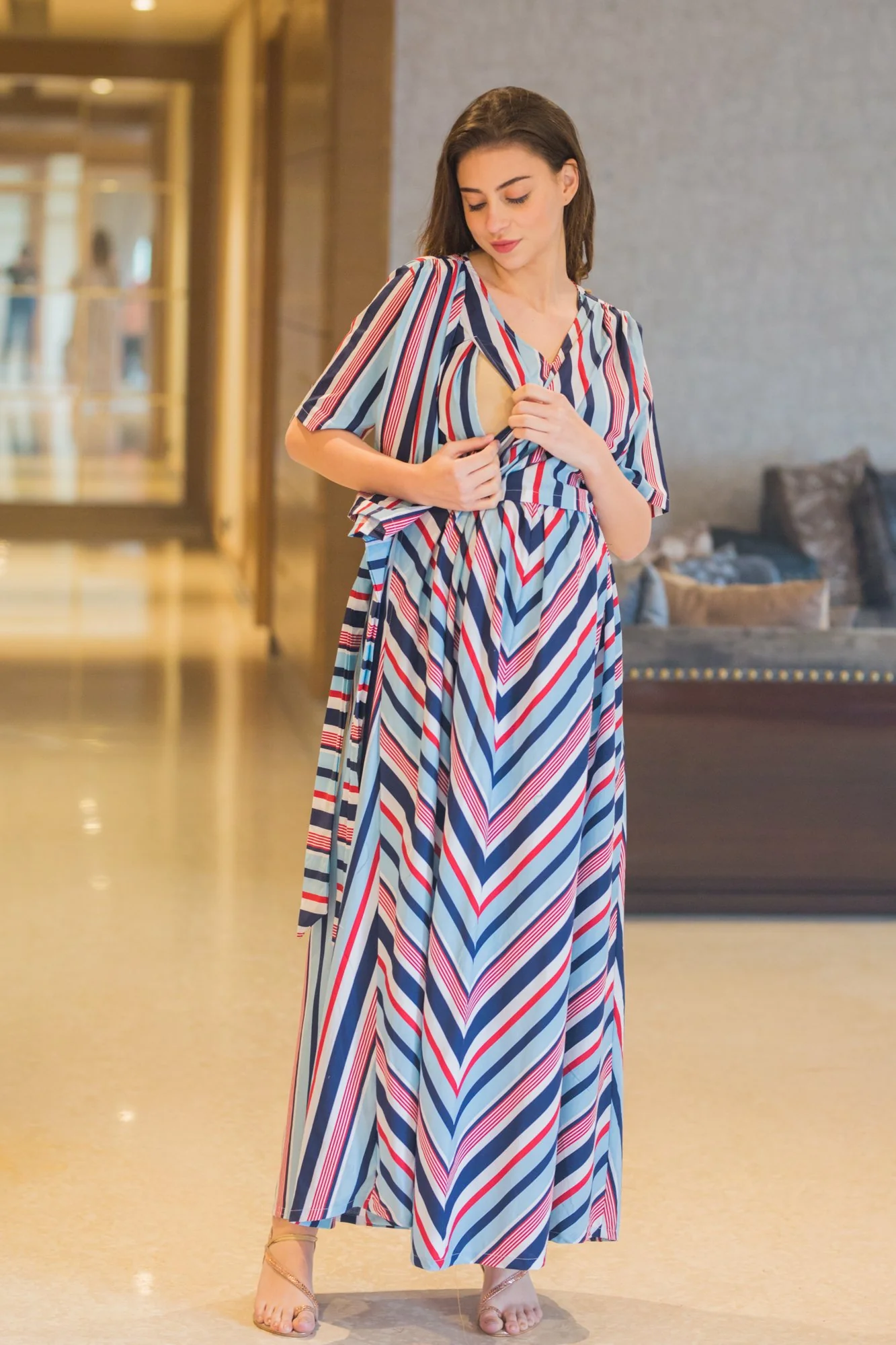 Baby Blue Striped Maternity & Nursing Wrap Dress - Chenance