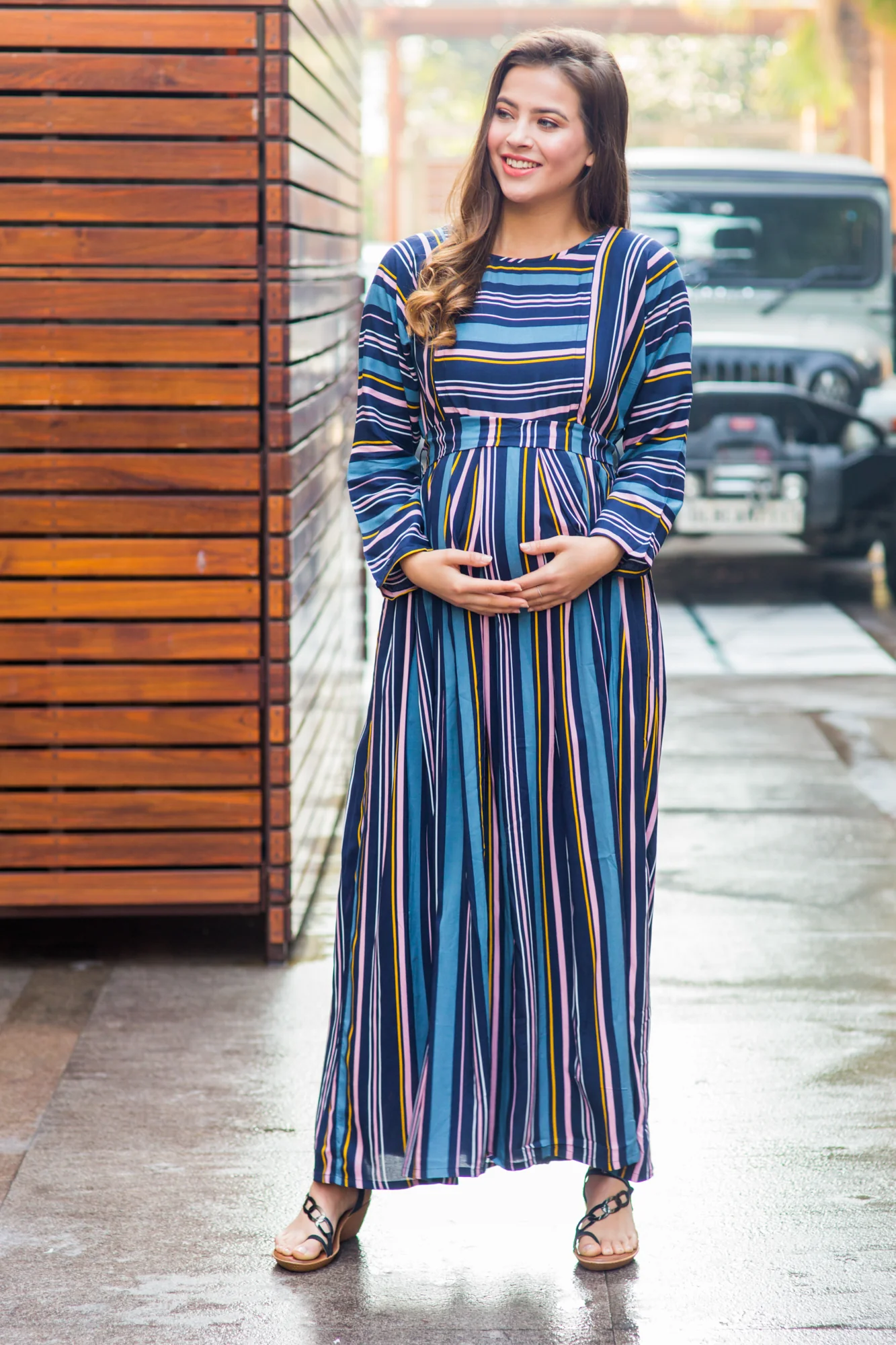 Azure & Peach Soft Viscose Maternity & Nursing Maxi Dress - Chenance