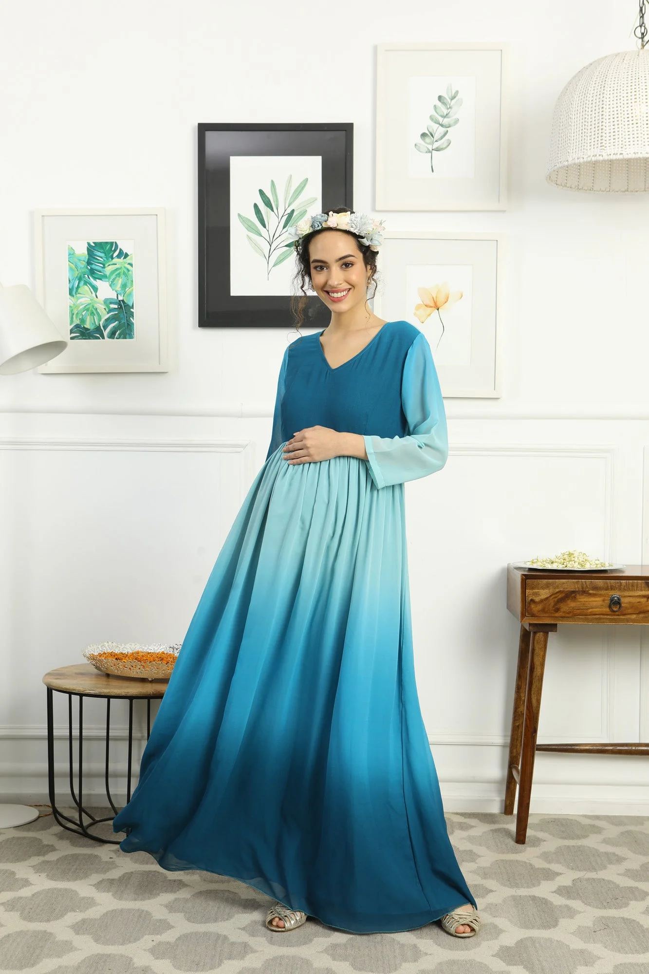 Paradise Blue Monochromatic Maternity Flow Maxi Dress - Chenance