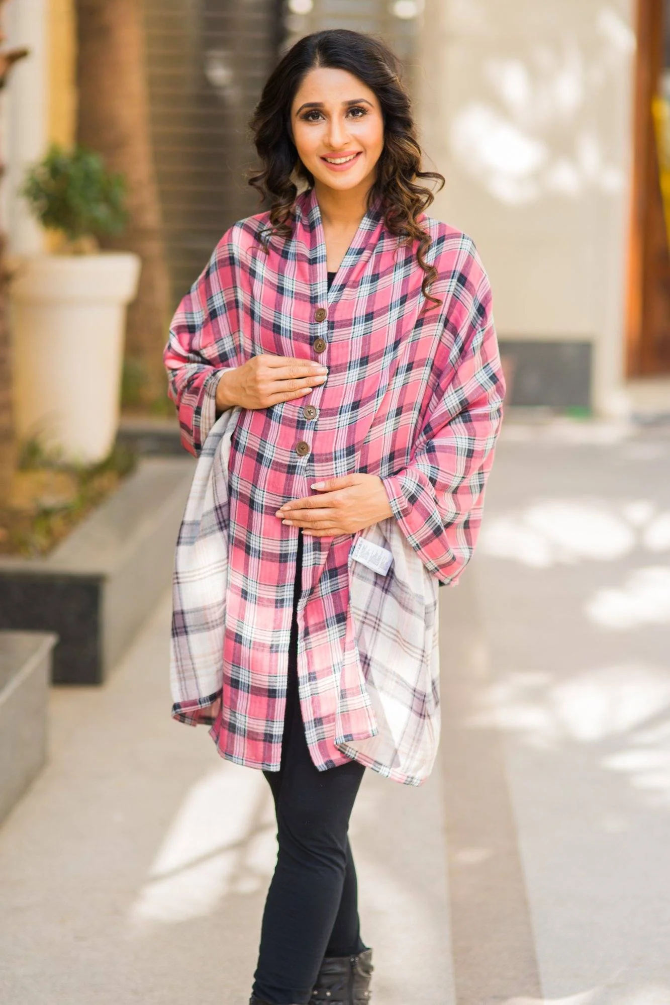 2 in 1 Double Sided Rose Pink Plaid Nursing Stole - Chenance