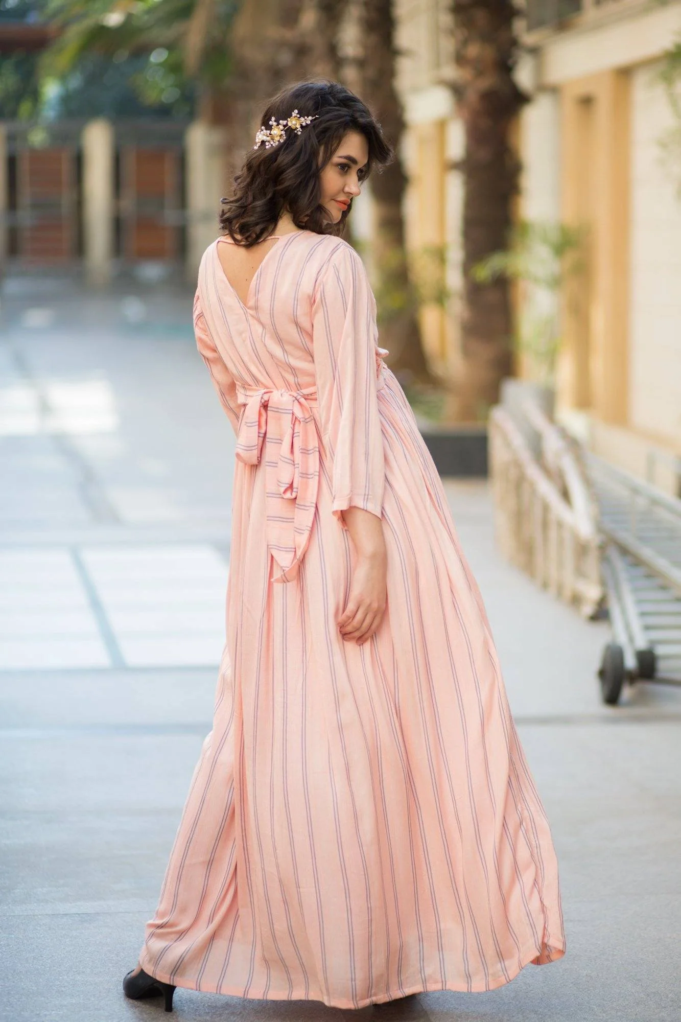 Peach Striped Maternity & Nursing Wrap Dress - Chenance