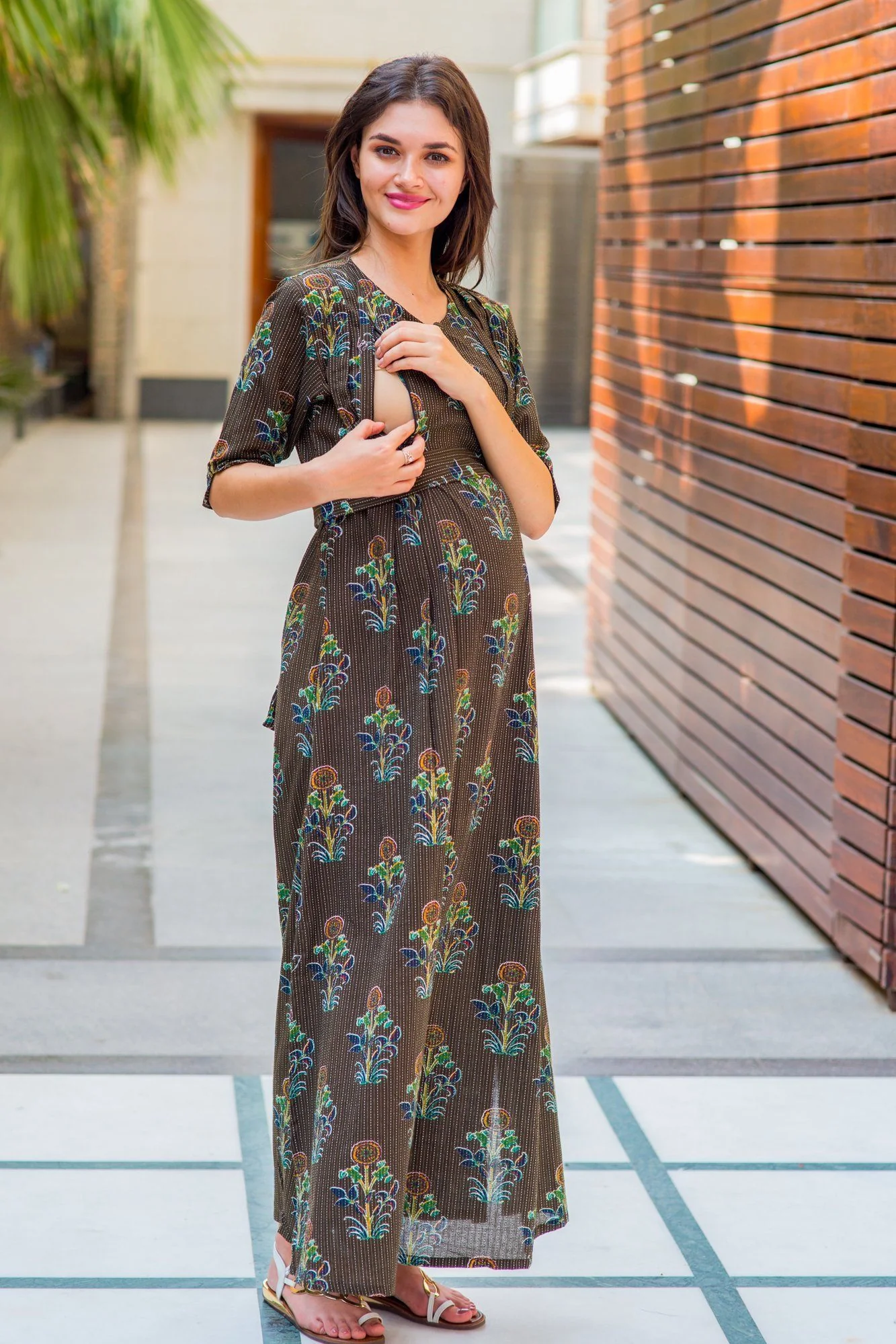 Cotton Loom Mocha Side Slit Maternity & Feeding Dress - Chenance