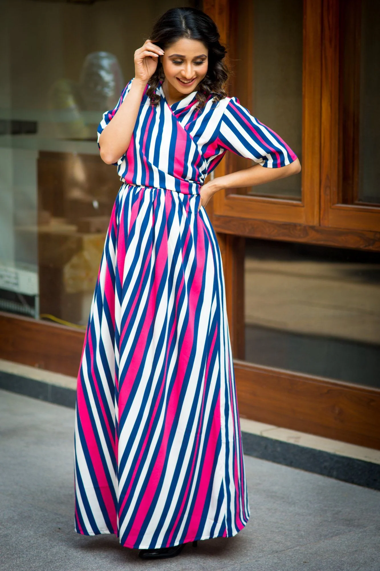Royal Navy Magenta Striped Maternity & Nursing Wrap Dress - Chenance
