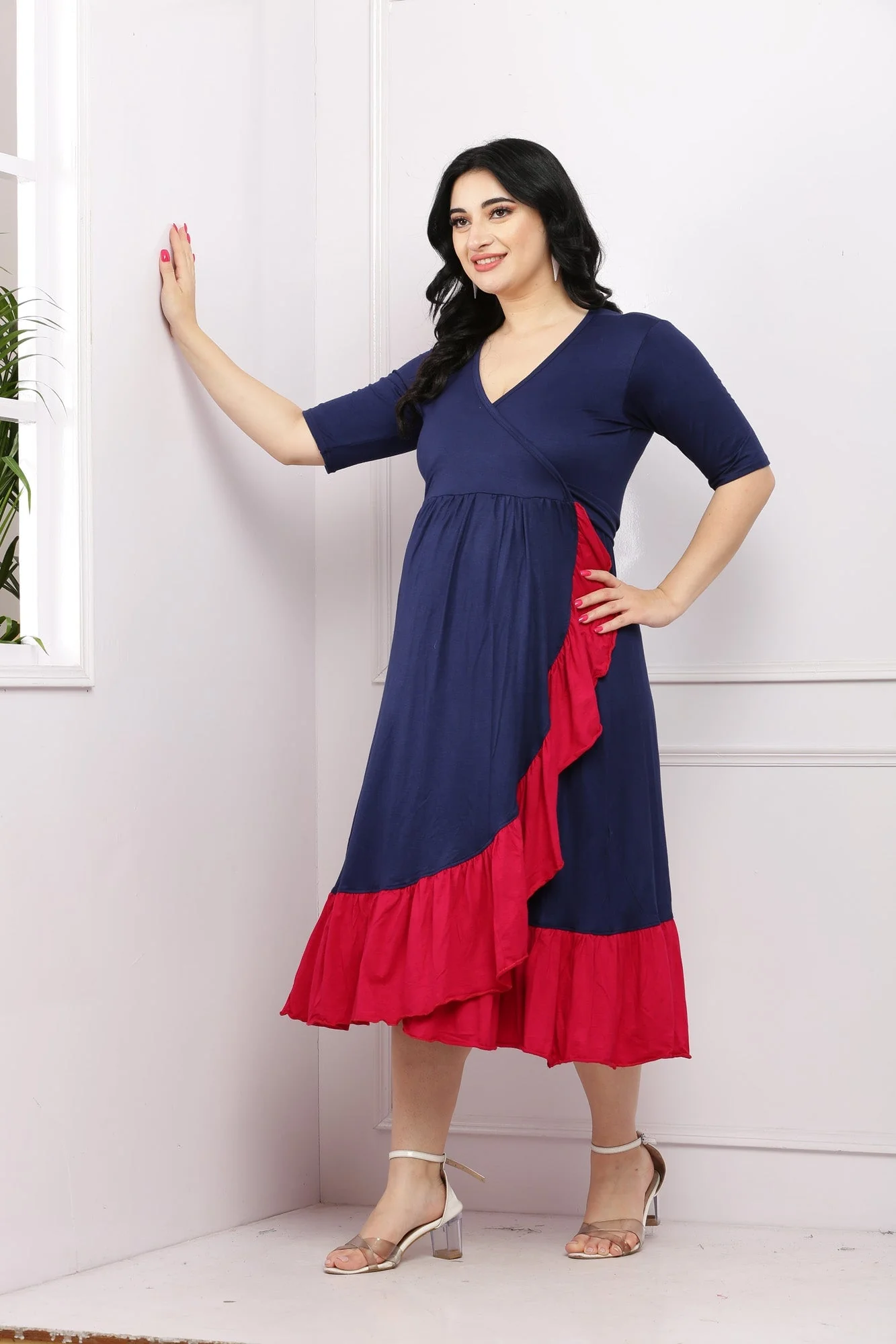 Midnight Blue Maternity & Nursing Frill Wrap Dress - Chenance