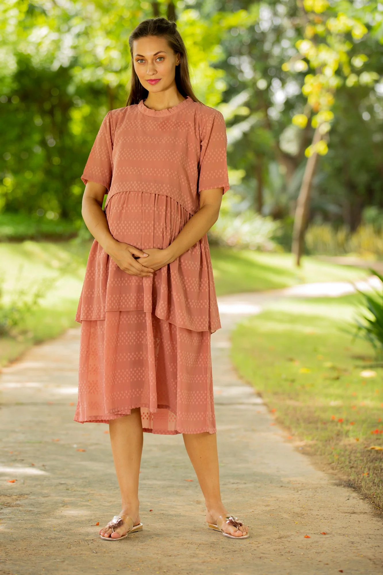 Peach Layered Maternity & Nursing Dress - Chenance