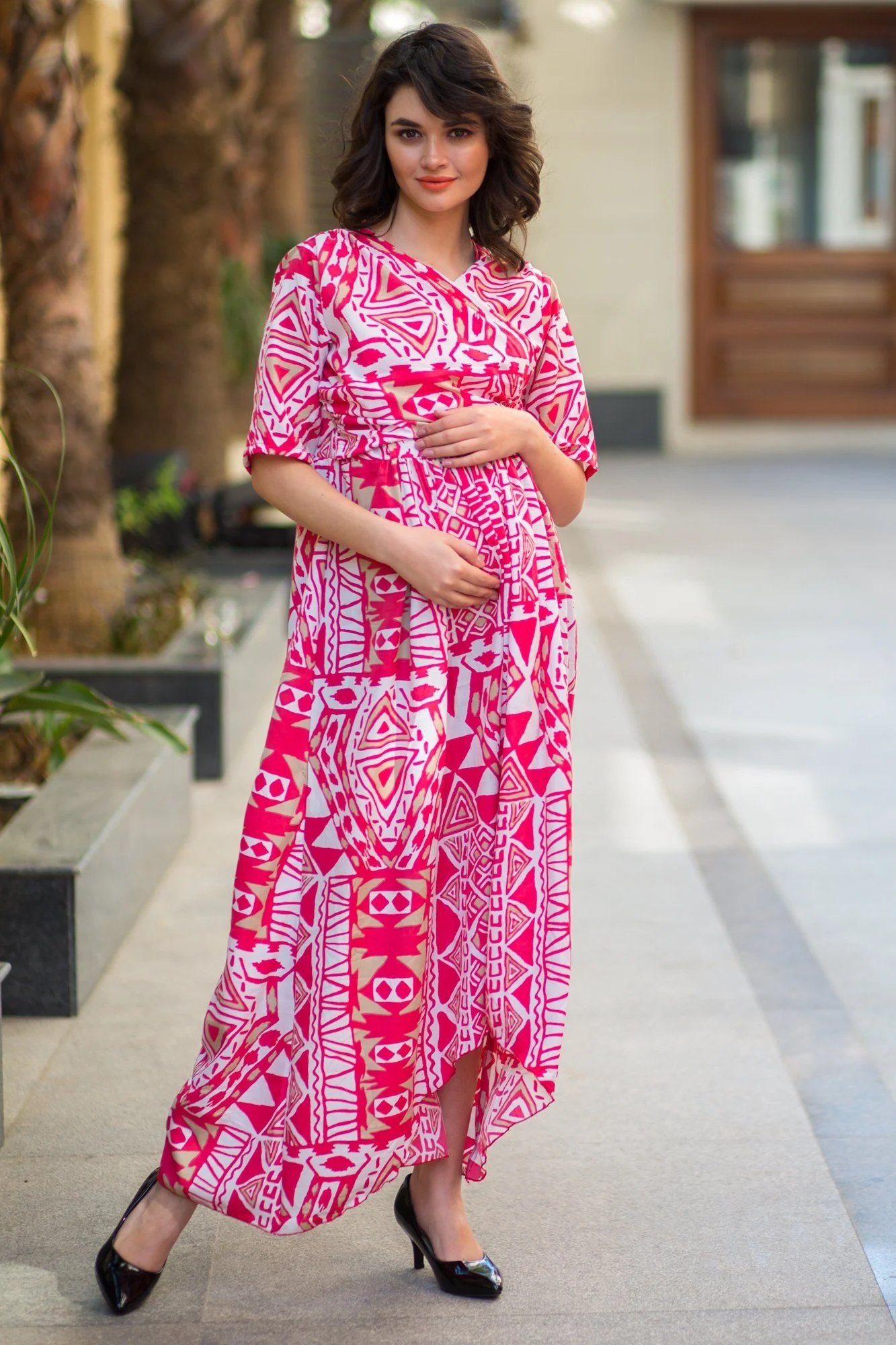 Cosmo Pink Abstract High-Low Maternity & Nursing Wrap Dress - Chenance