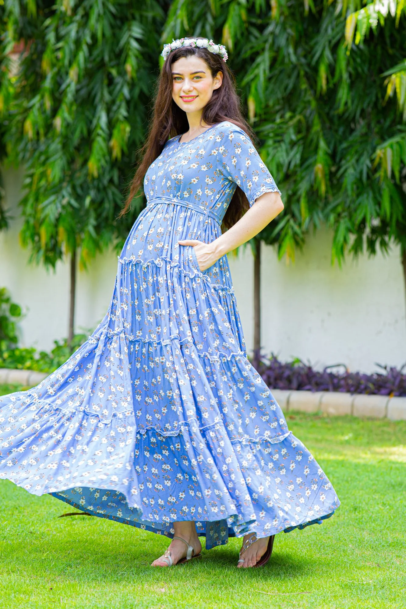 Baby Blue Frill Maternity & Nursing Dress - Chenance