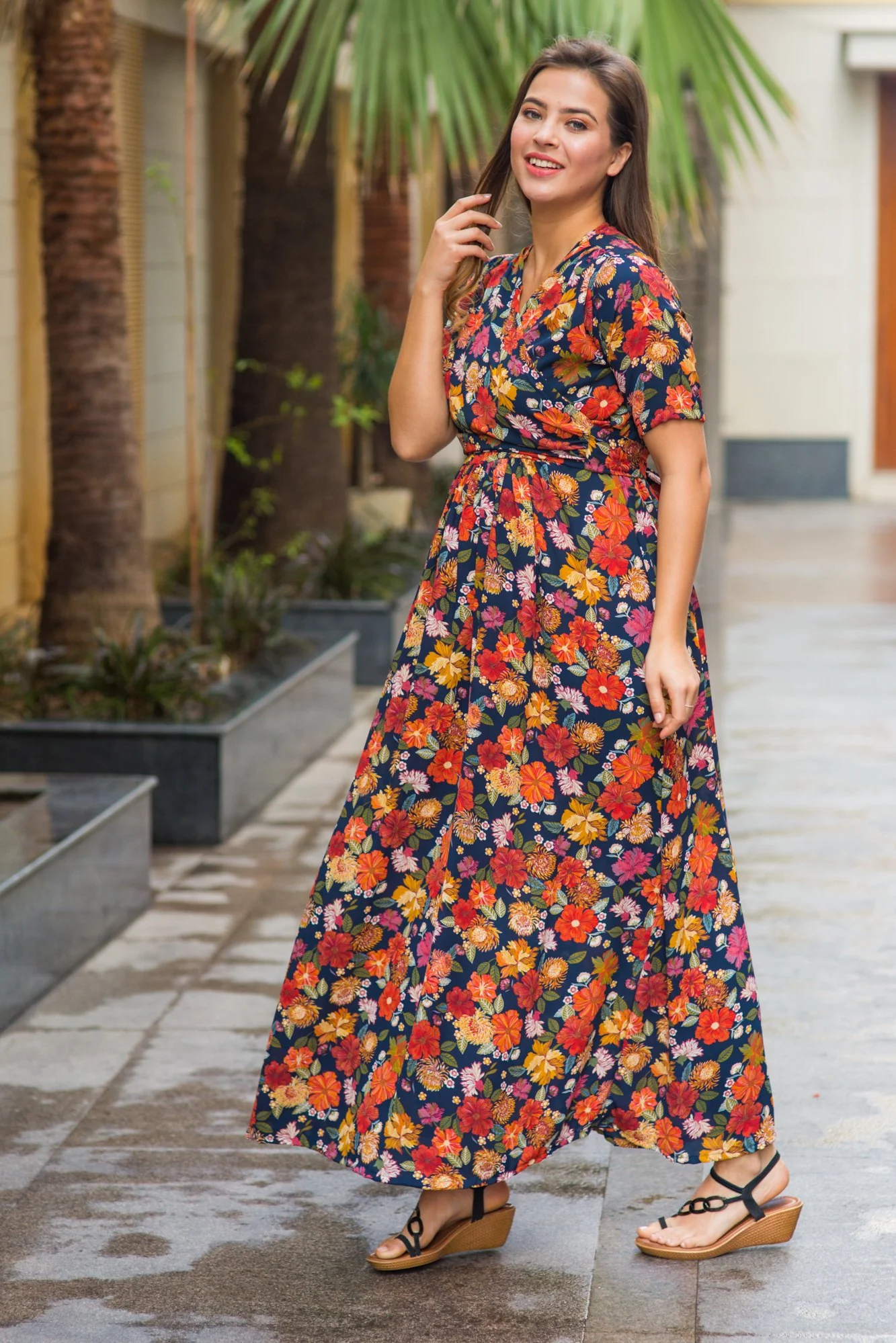Vivacious Blue Floral Maternity & Nursing Wrap Dress - Chenance