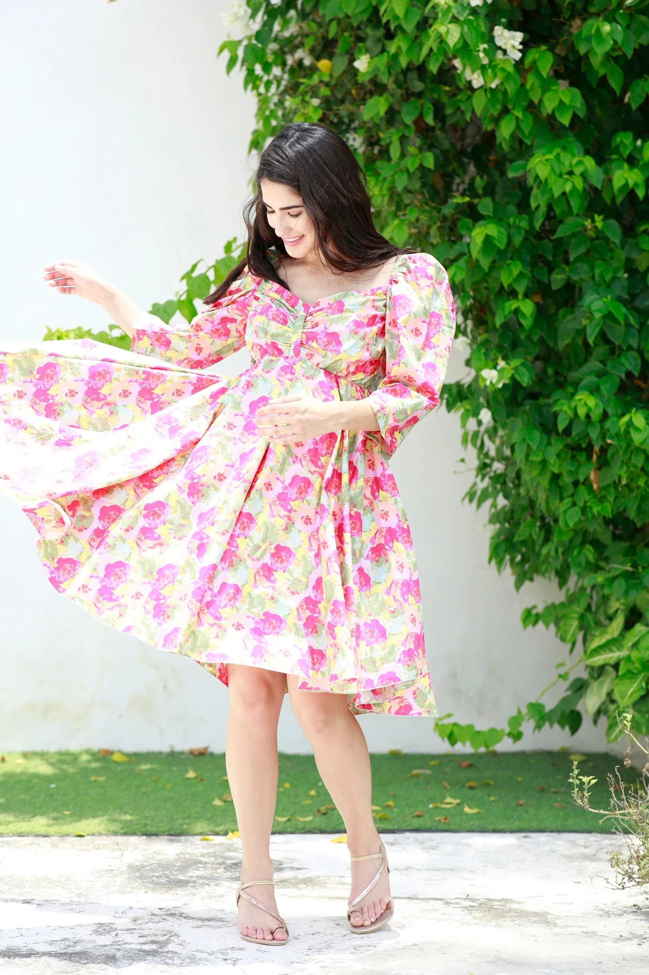 Victoria Flamingo Rosy Pink Maternity Knee Dress (100% Cotton) - Chenance